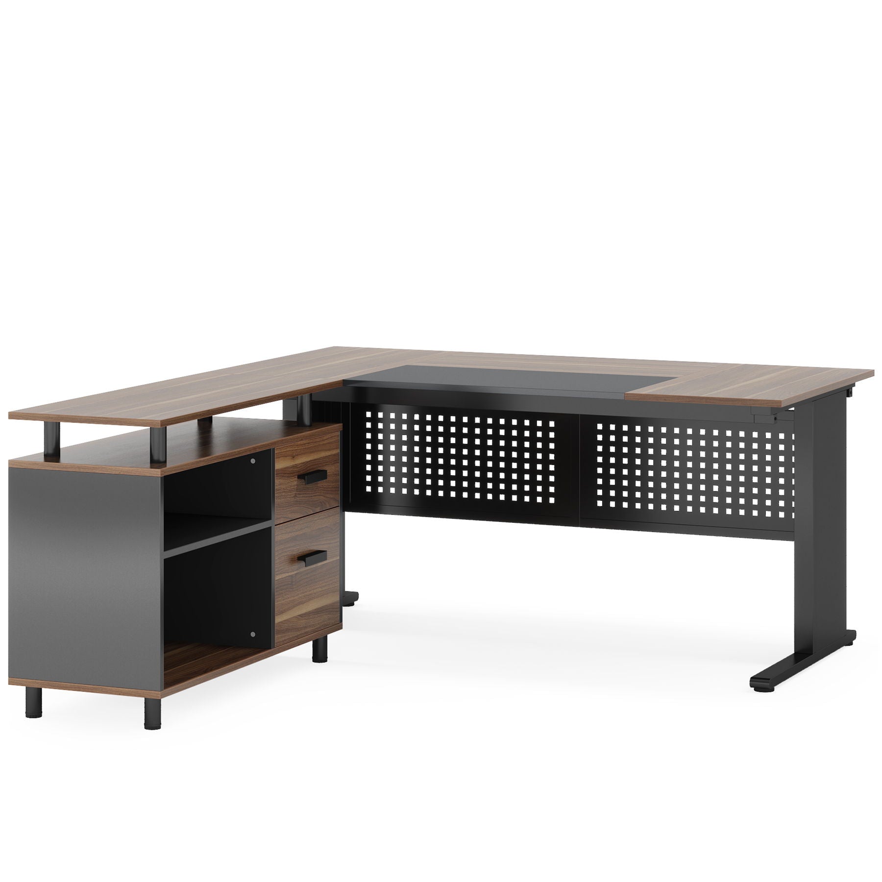 L-Shaped Executive Desk With File Cabinet , Office Workstation With Drawers, Shelves & Storage
