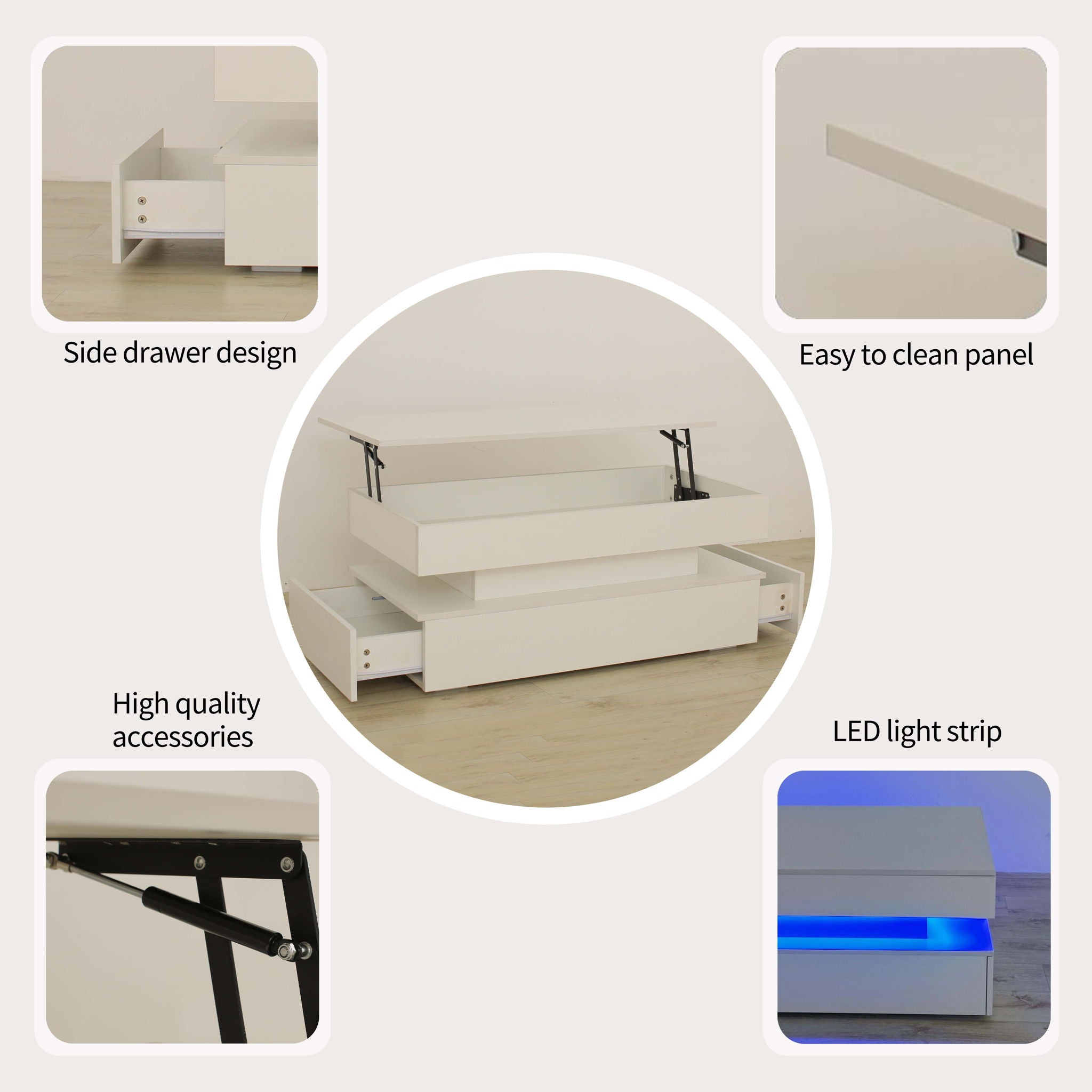 Contemporary Foldable Coffee Table With Drawers And LED, 3 Tier Design