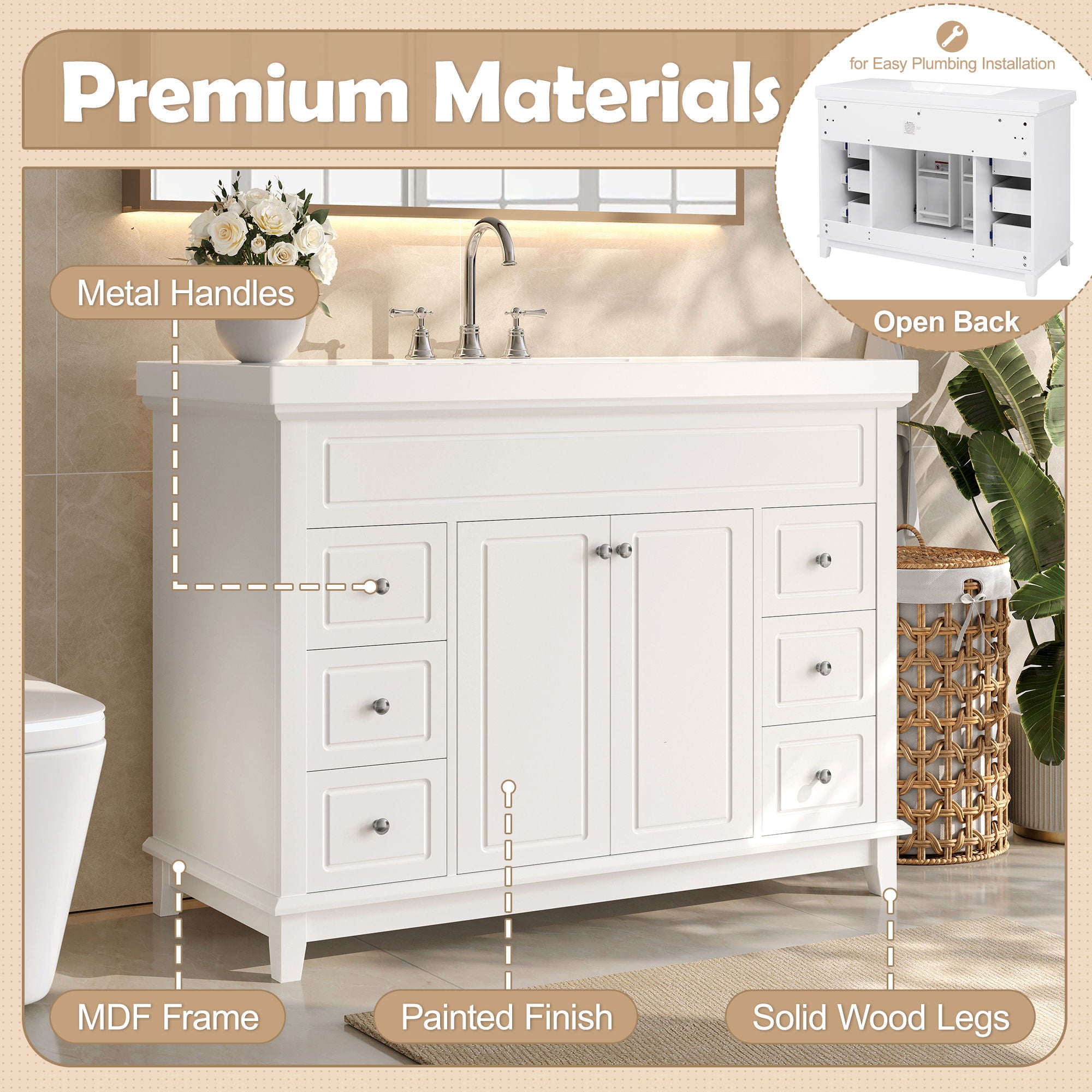 Bathroom Vanity Cabinet Only, 6 Soft Close Drawers & Double Doors With 2 Tier Shelves - White