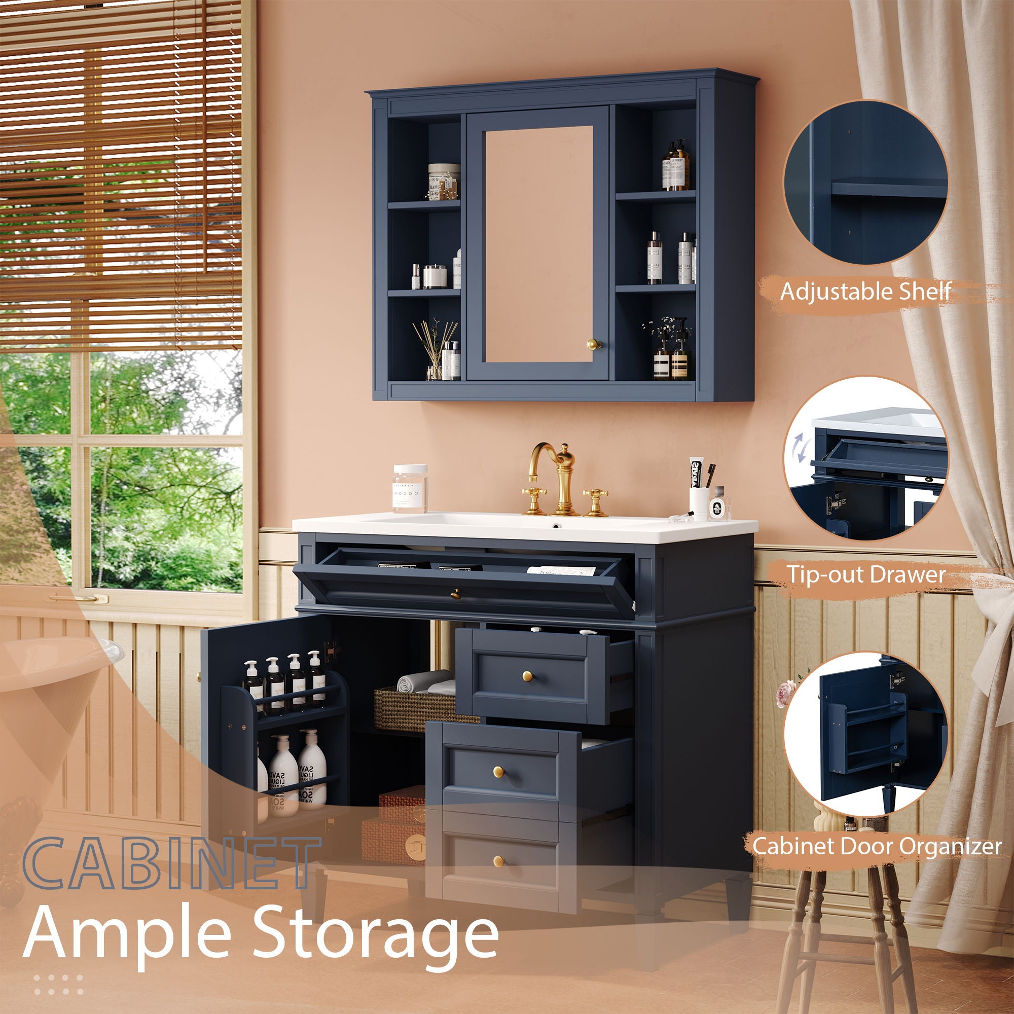Bathroom Vanity With Top Sink, Storage Cabinet With Mirror, 2 Doors, 3 Drawers, 6 Open Shelves