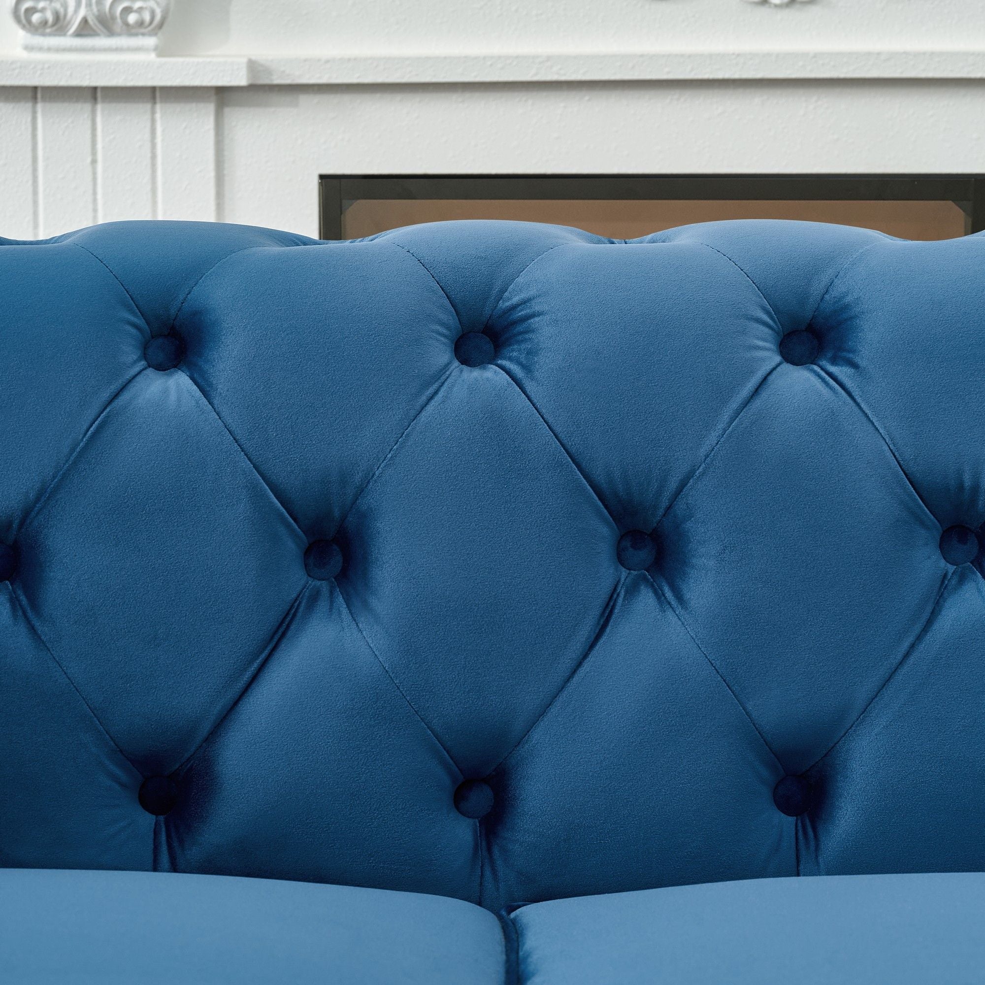 Chesterfield Velvet Fabric Sofa With Roll Armrest And Nailhead, Mid Century 2 Seater Couch In Blue