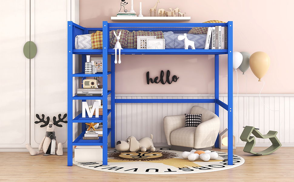 Loft Bed With 4 Tier Shelves And Storage