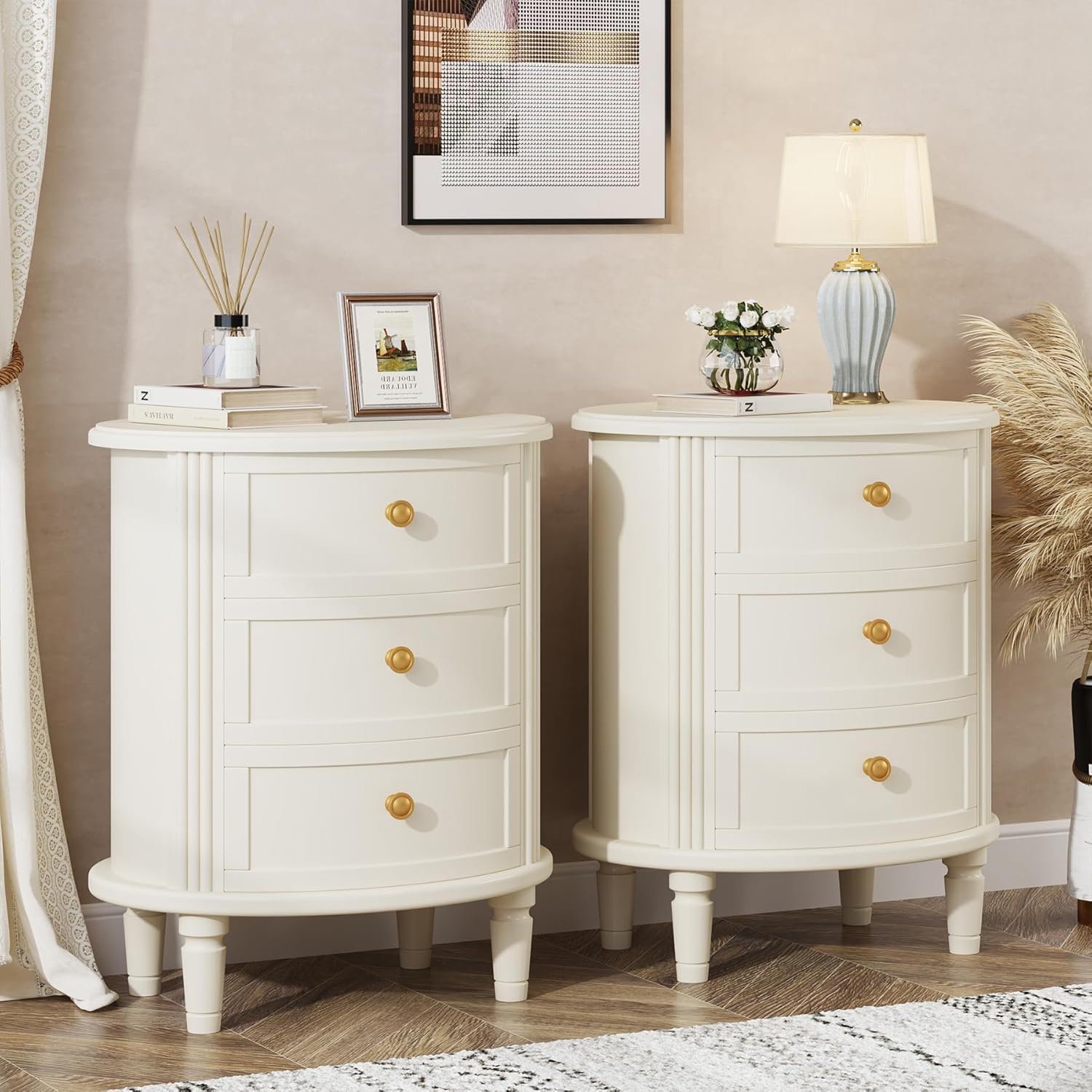 Oval Nightstand With 3 Drawers, Bedside Table - White