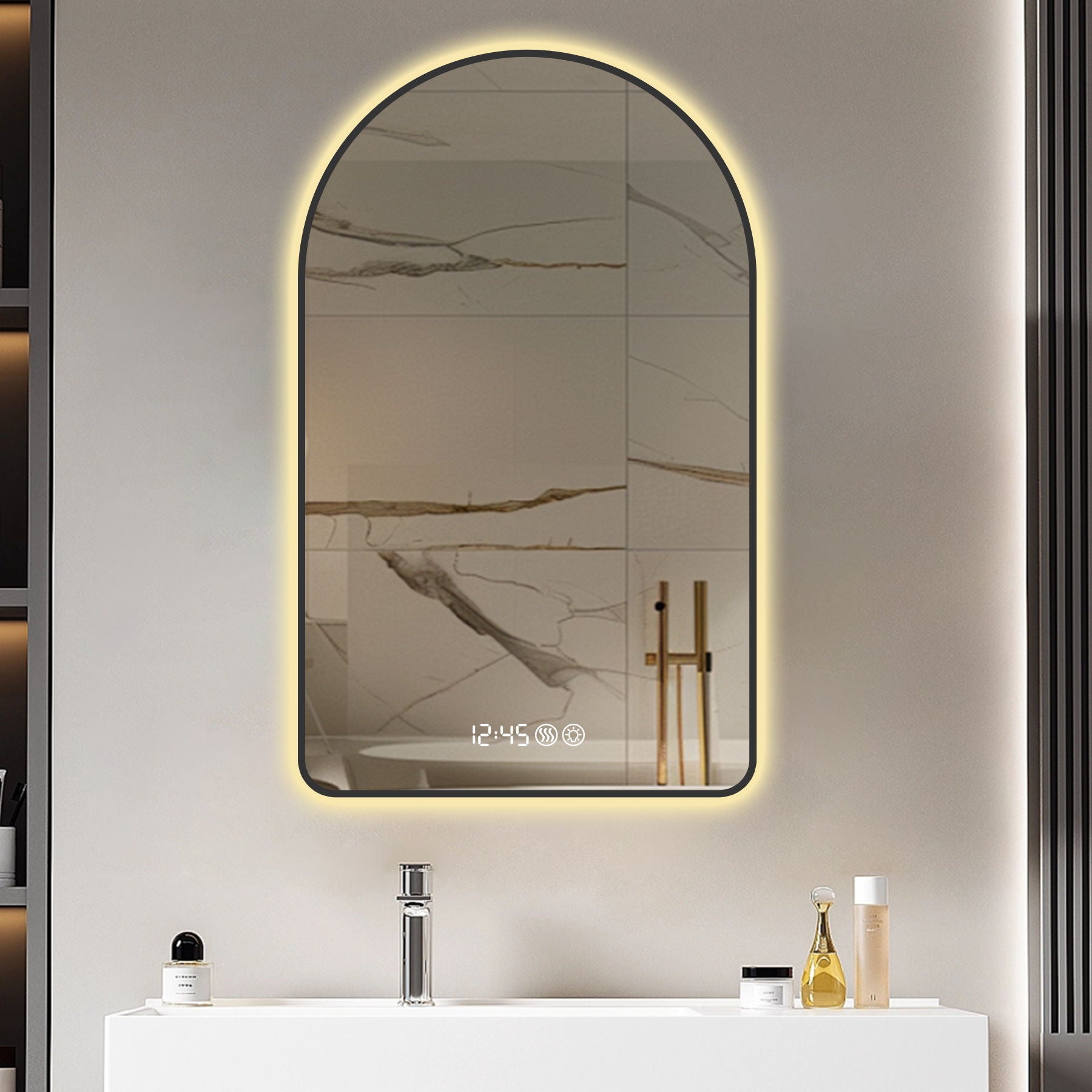 Modern Arched LED Bathroom Mirror With Time And Temperature Display, Anti Fog, Dimmable Light - Black - Best Buy Furniture