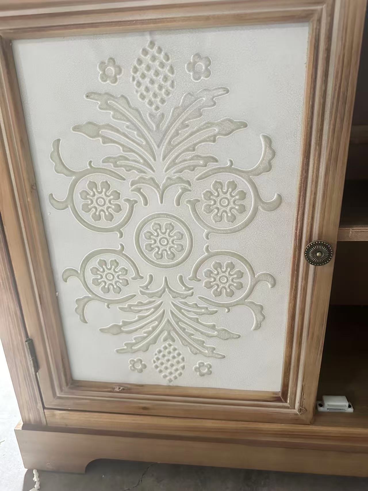 Rustic Vintage Accent Cabinet with Carved Floral Panels