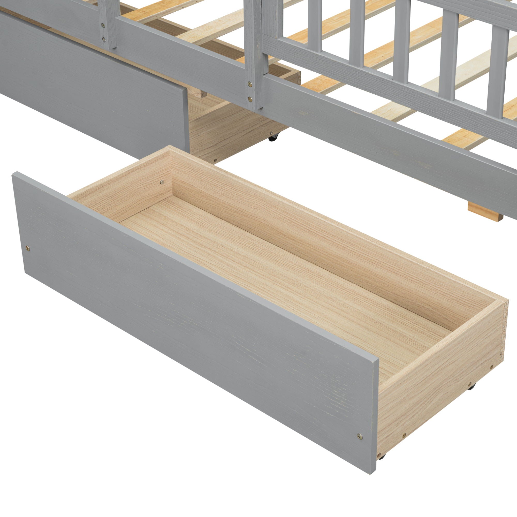 Platform Bed With LED Light, Multi Functional Headboard, Guardrail And 2 Drawers