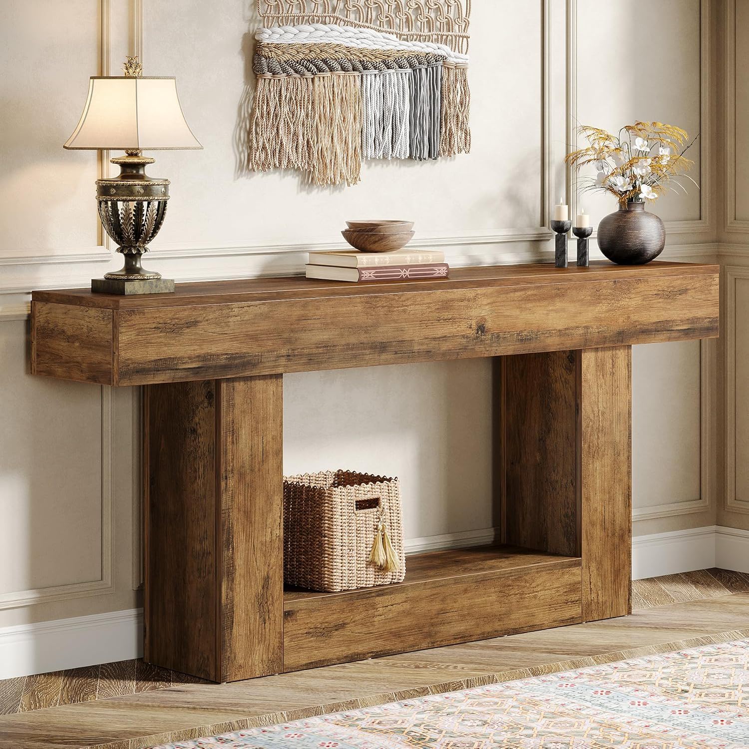 Console Table With 2 Tier Storage, U Shaped Base