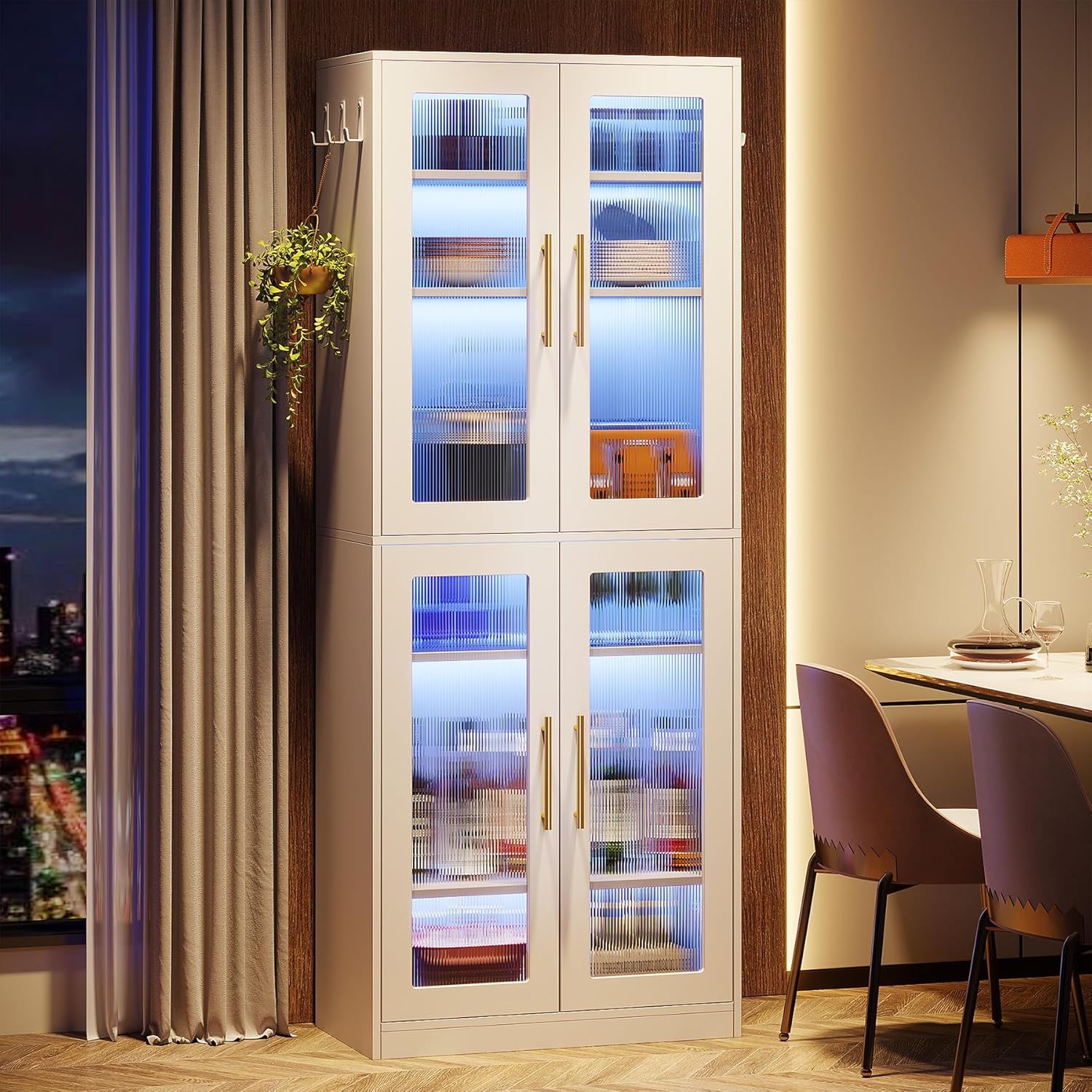 Bookcase With Doors And LED Lighting, 8 Adjustable Shelves Storage Cabinet