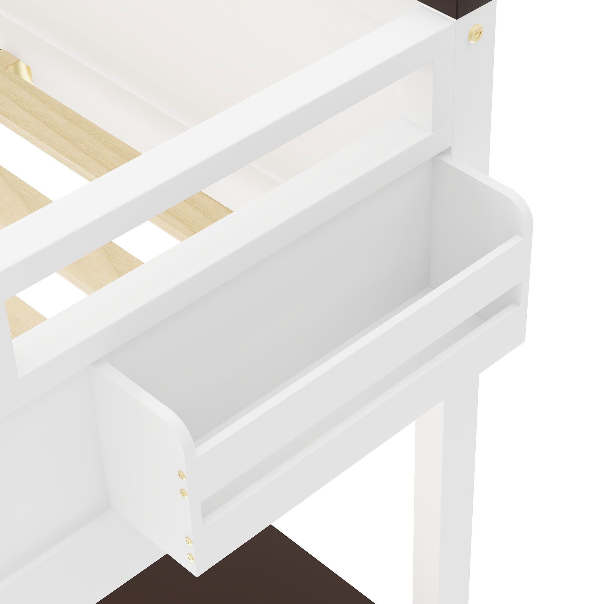 Queen Size Loft Bed With Desk, Open Shelf, Storage Box And USB Charging Station - White
