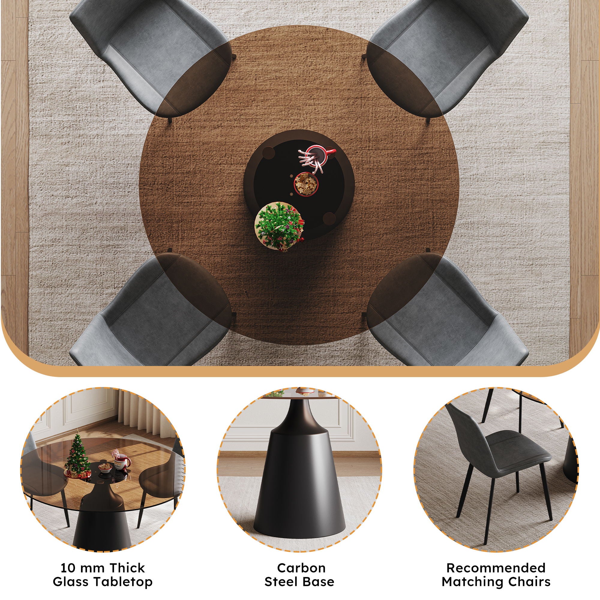 Round Dining Table And 4 Chair Set With Ergonomic Chairs - Black