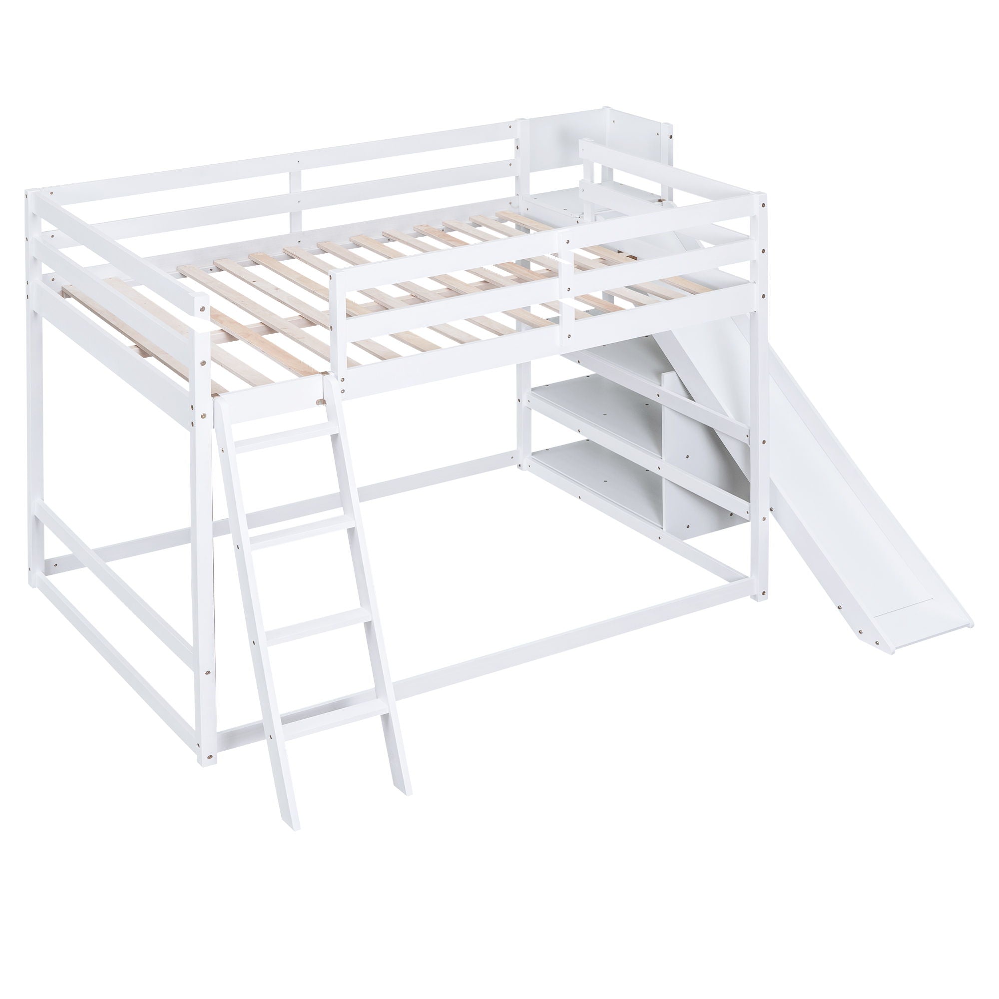 Bunk Bed With Ladder, Slide, And Shelves Pine Wood