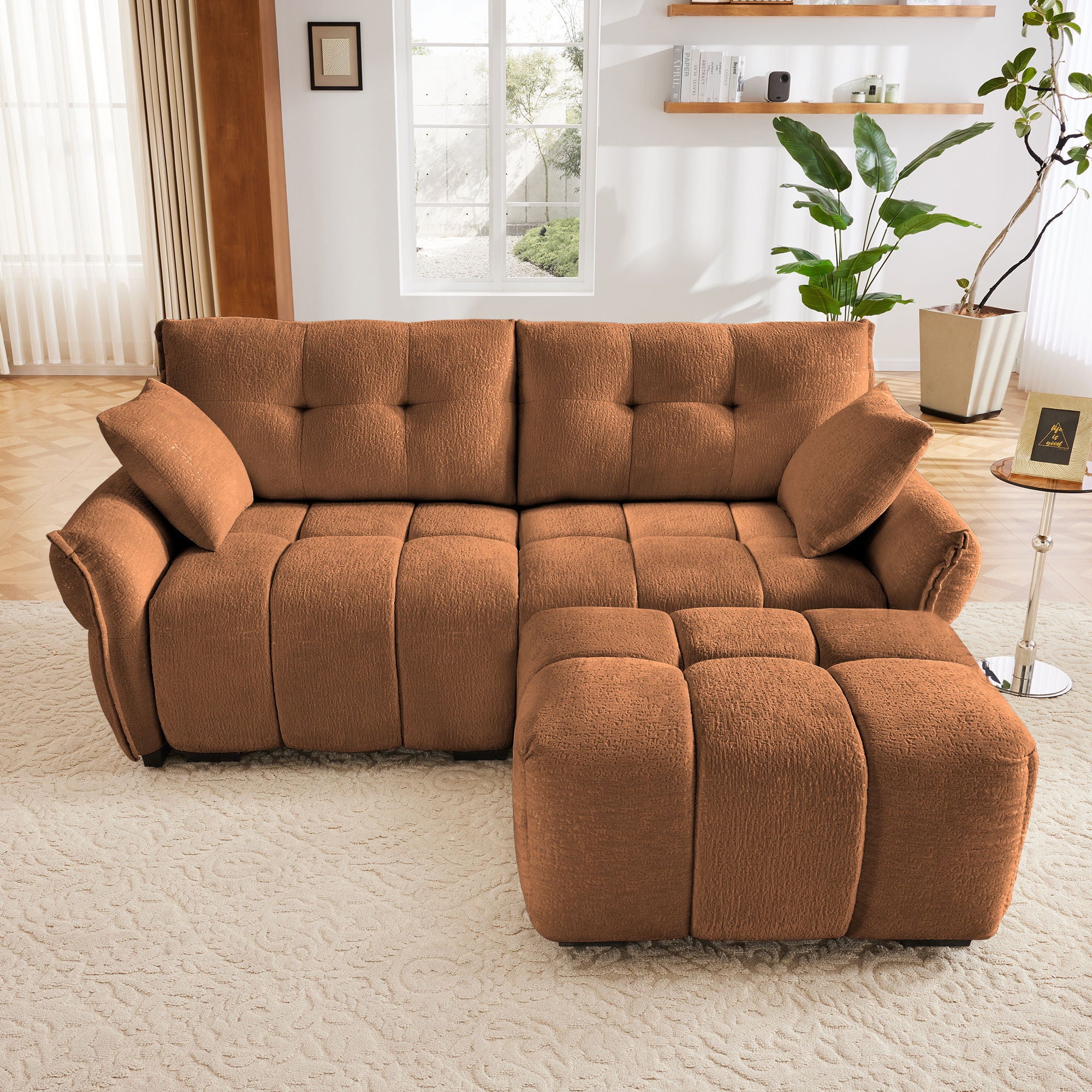 Sofa Set With Ottoman And Pillows, Textured, High Resilience Cushions