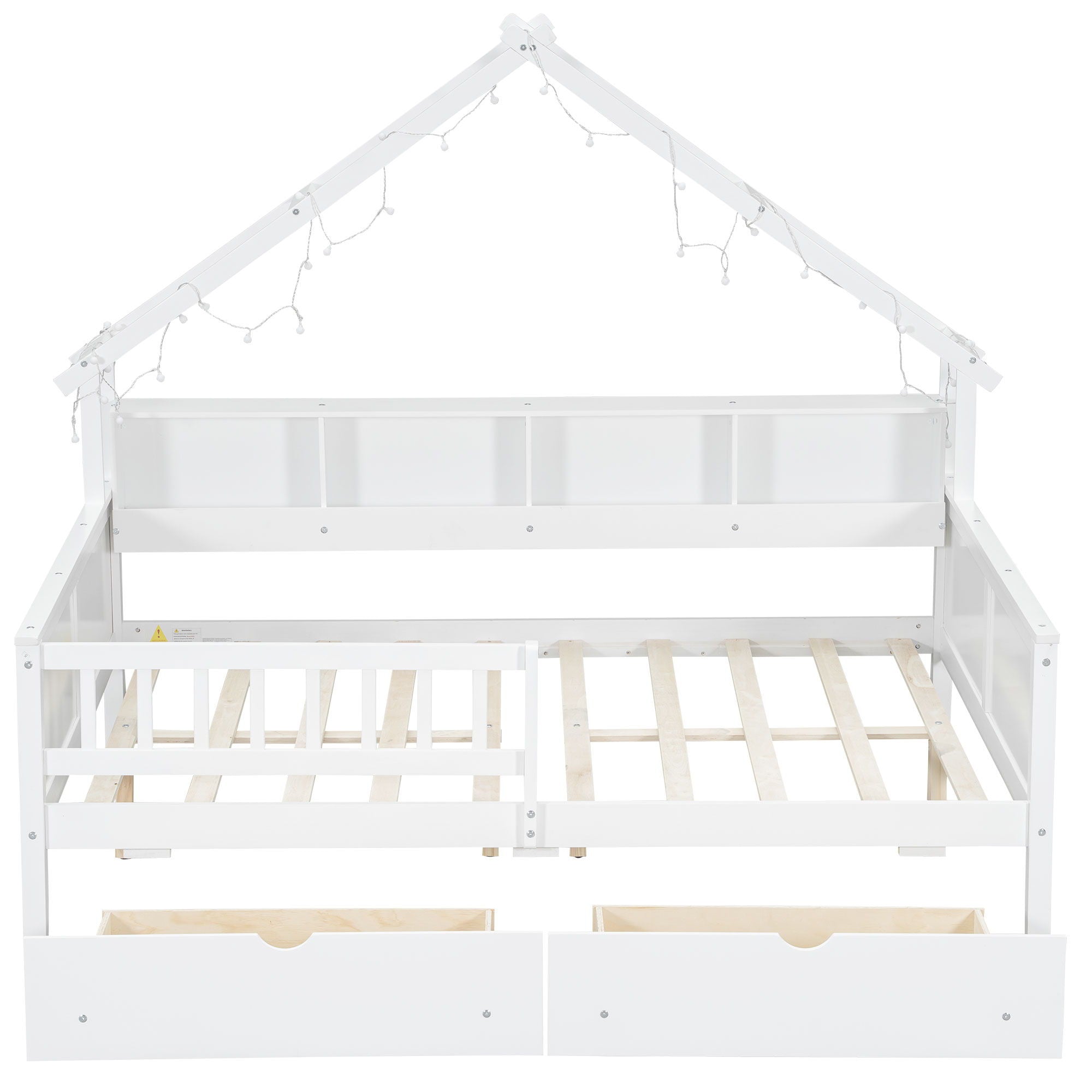 House Style Platform Bed With LED Lights, Storage Shelves, Drawers, And Guardrail