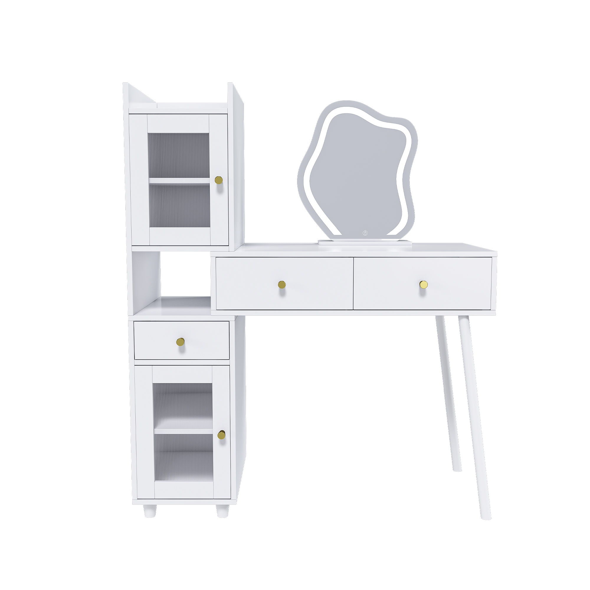 Vanity Dressing Table With LED Mirror & Storage Makeup Desk With 3 Drawers, 2 Open Shelves & 4 Hidden Cabinets - White - Best Buy Furniture