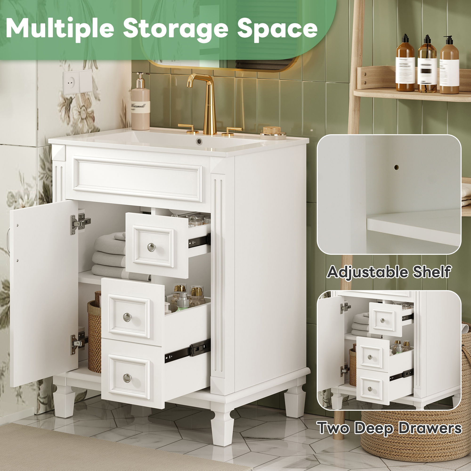 Bathroom Vanity With Sink, Compact Cabinet & 2 Drawers And Adjustable Shelf