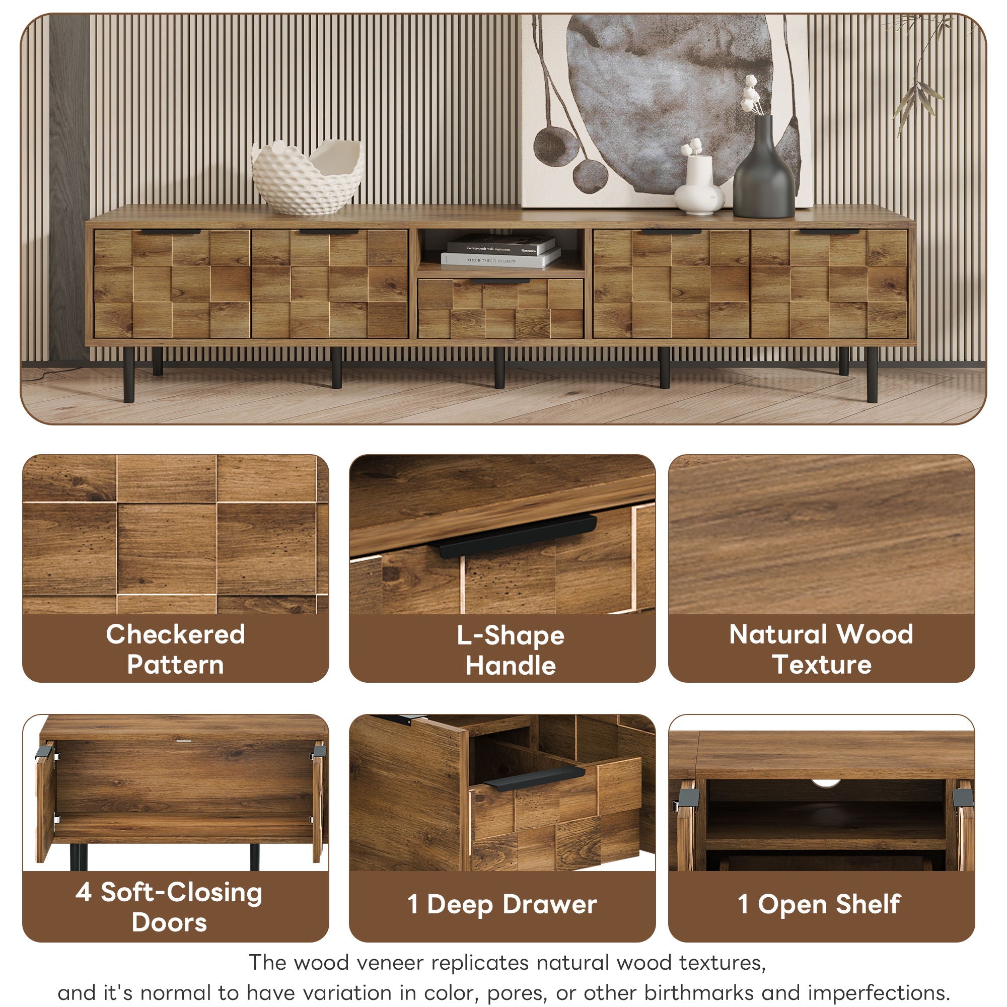 TV Stand, L Shaped Handle Entertainment Console With Storage - Natural