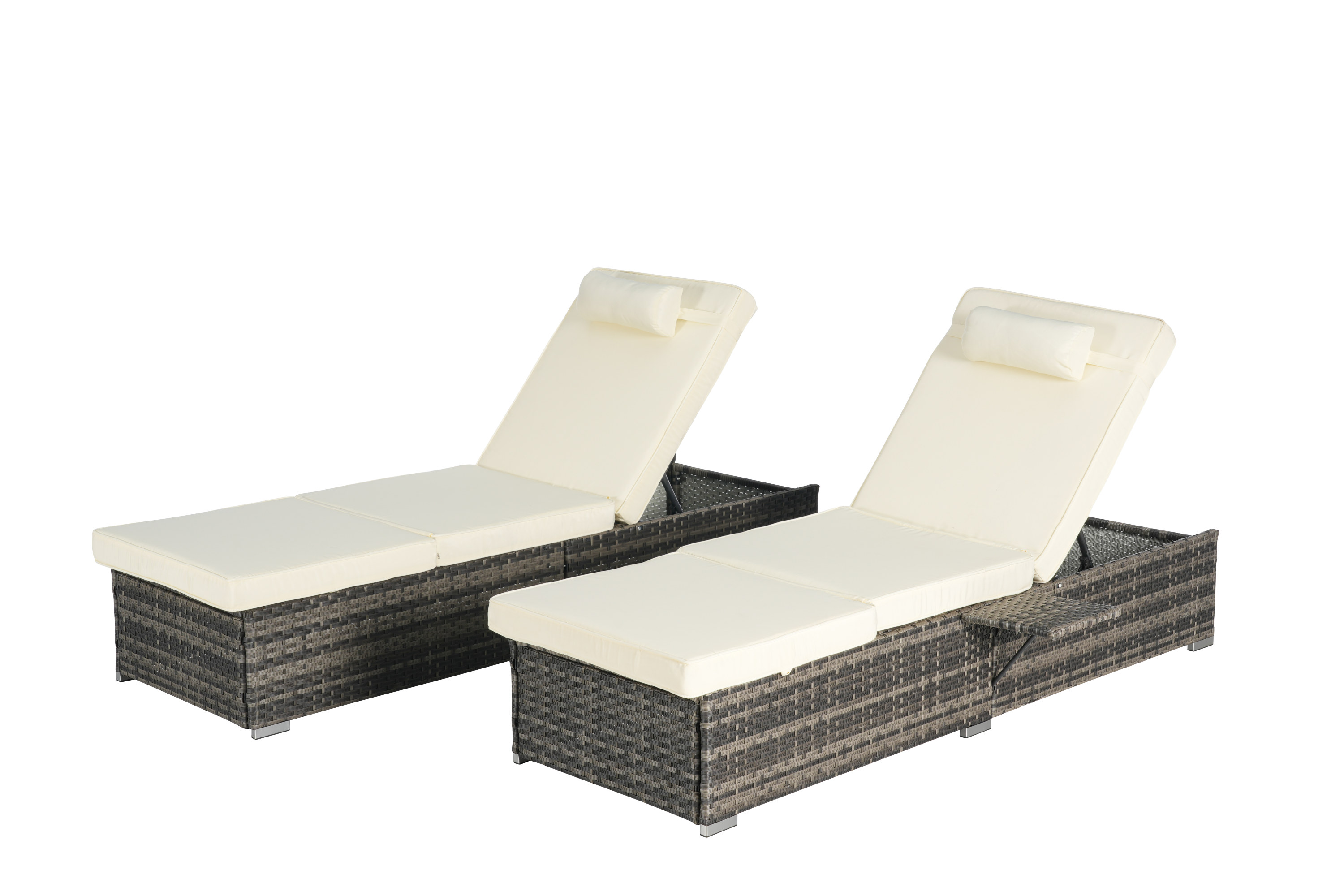 Outdoor Chaise Lounge Chair Set of 2 with Storage Patio Pool Chairs Tanning Lounges for Outside,Beach Rattan Recliners with Adjustable Backrest, Table, Cushion for Poolside Backyard Garden
