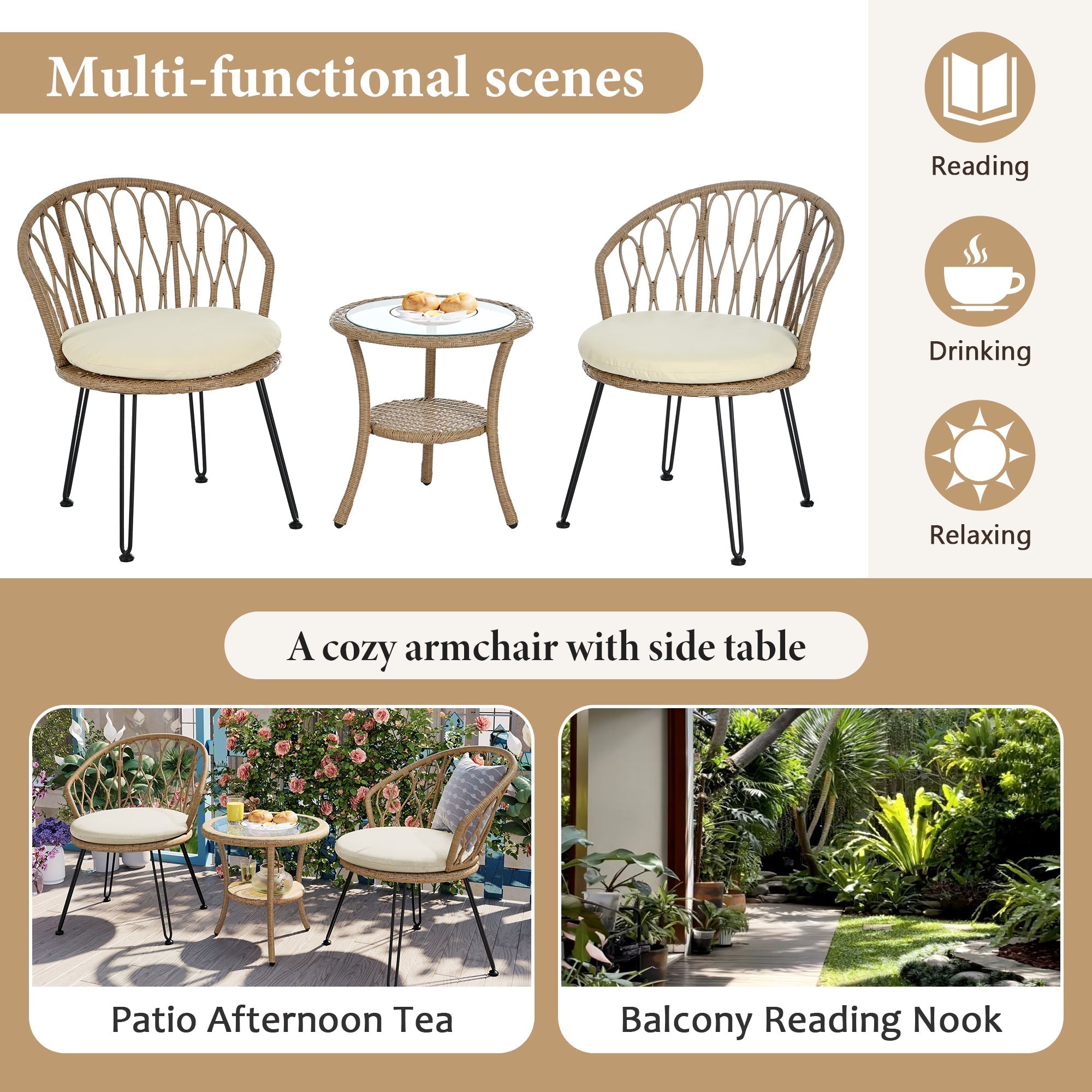 U_STYLE Outdoor Leisure Set, 2 Rattan Single Chairs with Glass Round Table