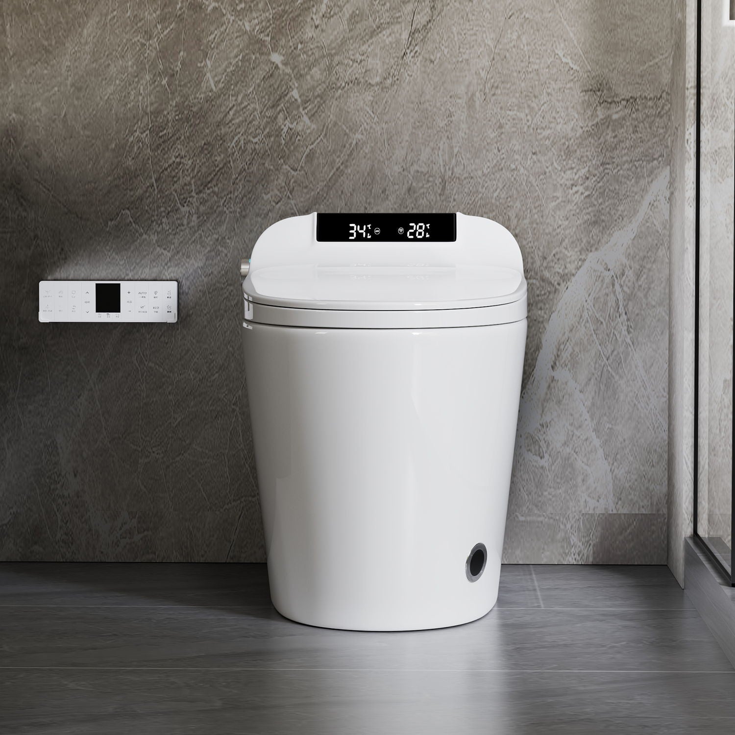 Smart Toilet Bidet Combo With Foot Sensor Open Cover / Seat, Self Cleaning Nozzle, LED Display, Three Level Heated Seat / Airflow, Night Light, Knob Control, Soft Close, Auto Flush, With Remote Control - Gloss White
