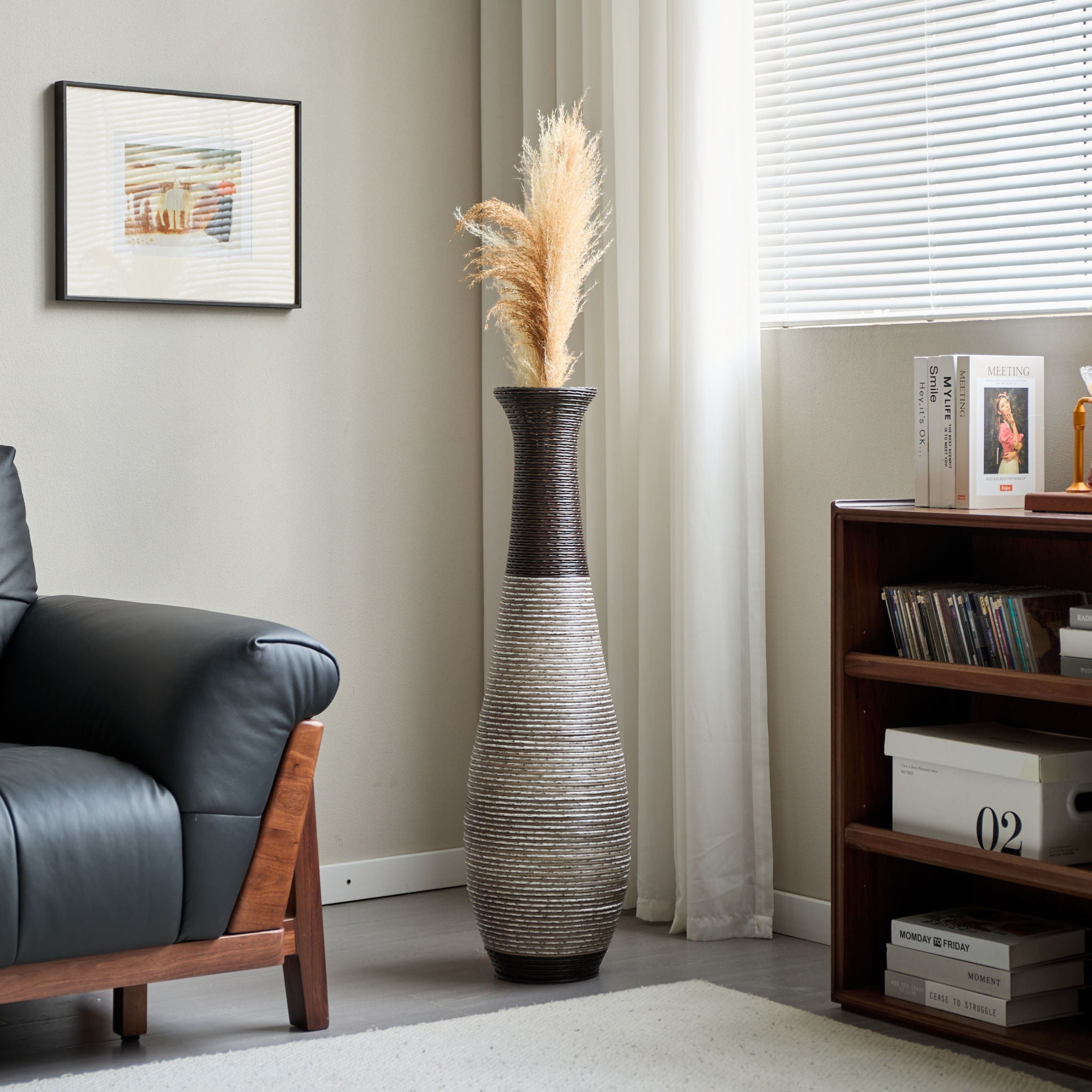 Tall Standing Designer Floor Vase Durable Artificial Rattan Elegant 2 Tone Finish Ideal Decor Accent For Living Room, Bedroom, Entryway Stylish Home Decor Statement Piece - Black / Gray - Best Buy Furniture