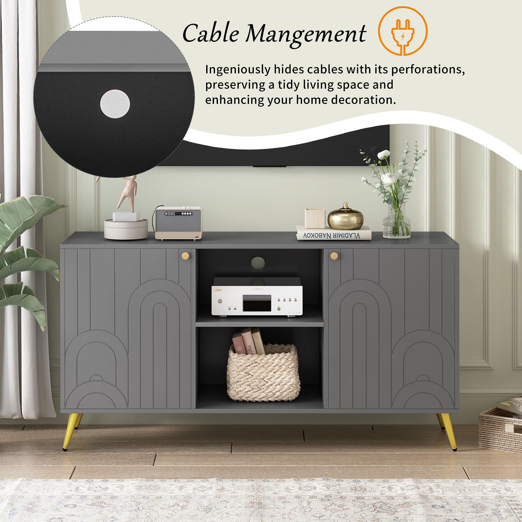 Modern TV Stand With Adjustable Shelf, Handles And Anti-Tip Device