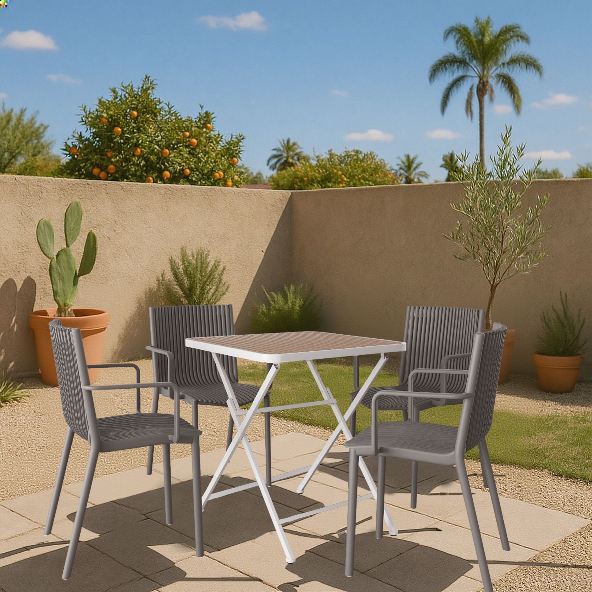 4 Modern Stackable Plastic Armchair Matched With Folding Square Table