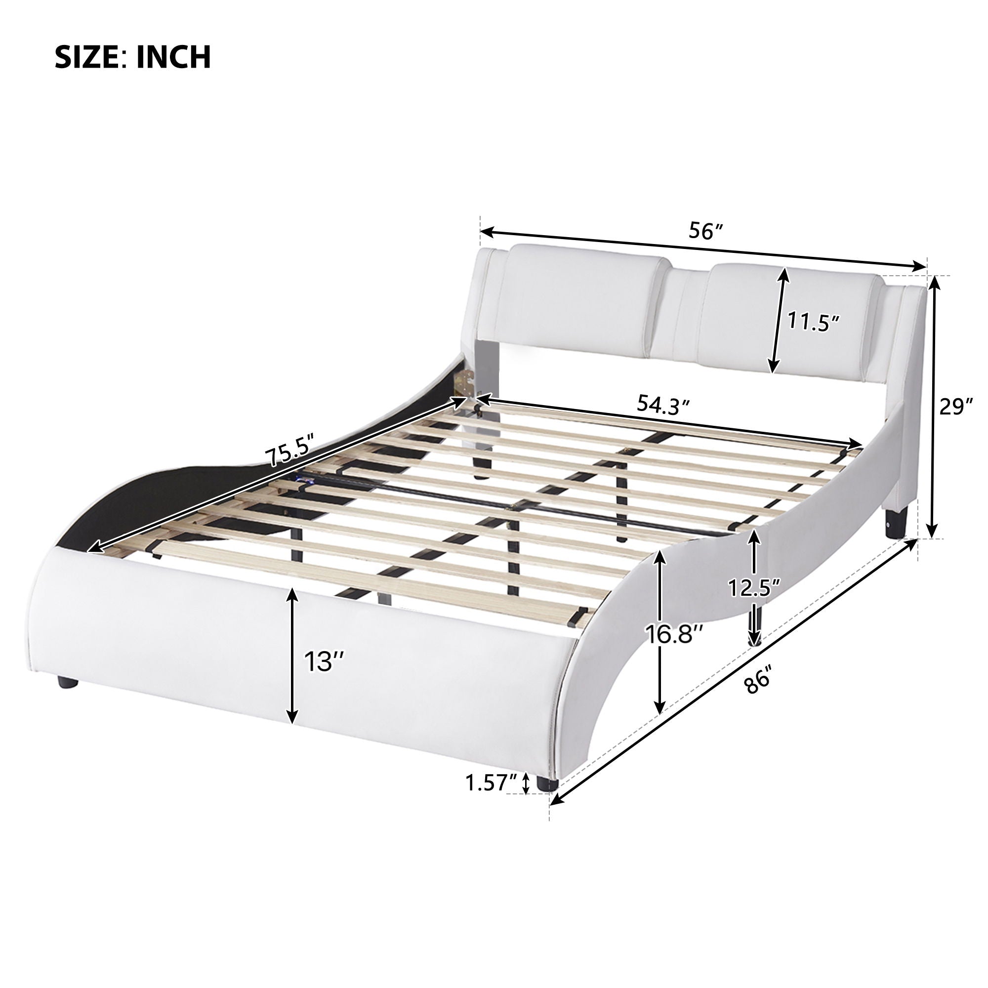 Upholstered Platform Bed With LED Light, Frame Slatted