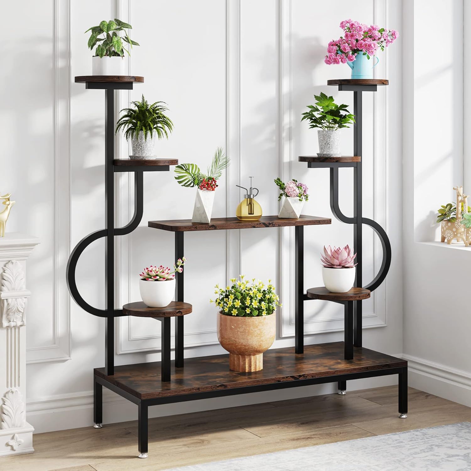 8 Tier Plant Stand With Round And Square Shelves For Living Room, Patio, Balcony & Garden - Brown / Black