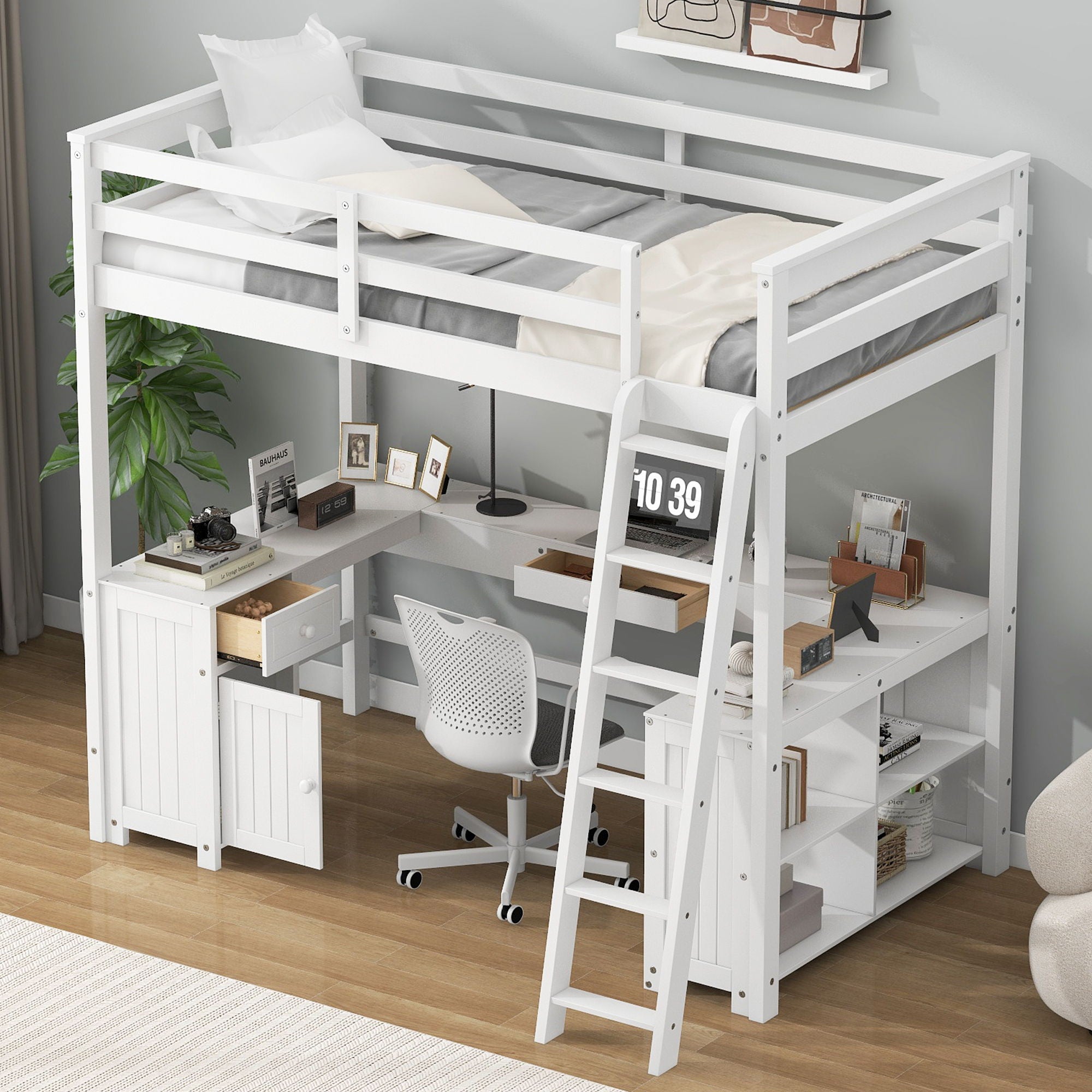 Loft Bed With U-Shaped Desk, Drawers, And Storage Shelves