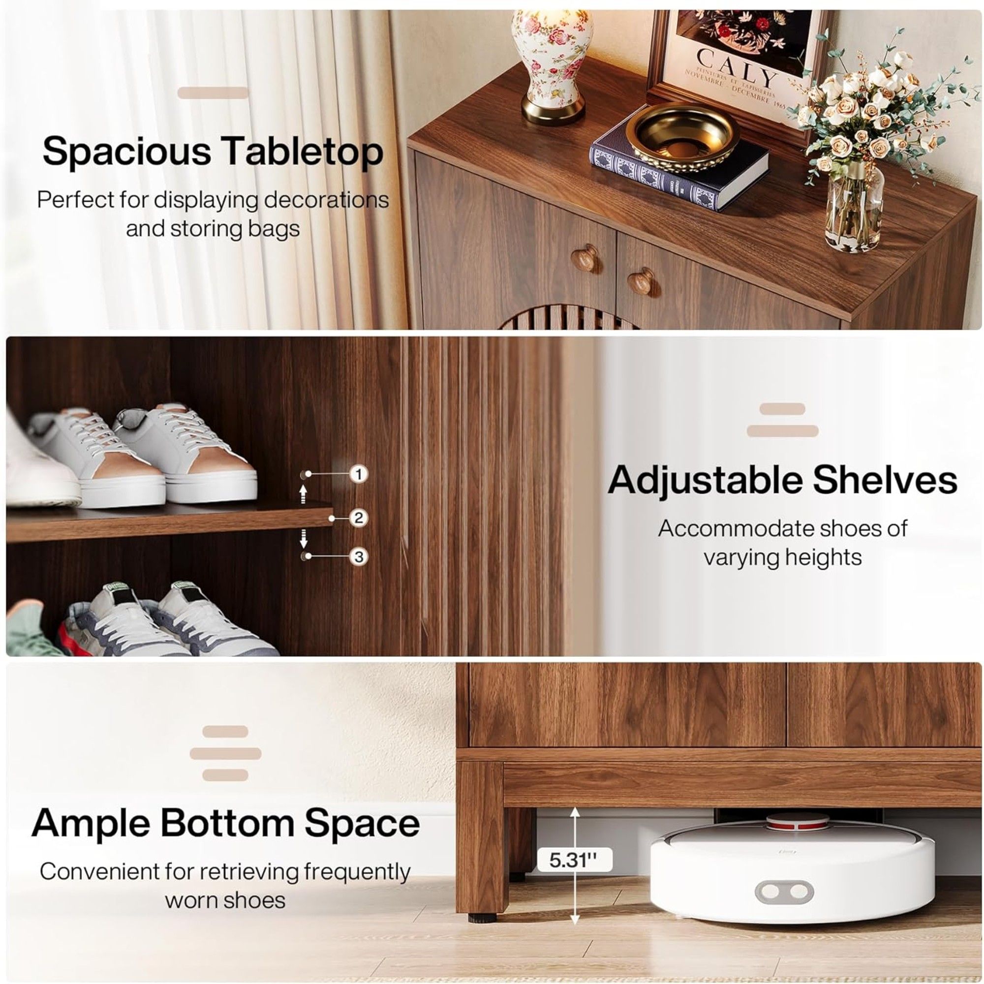 5 Tier Shoe Cabinet With Round Louvered Doors, Storage Organizer - Brown