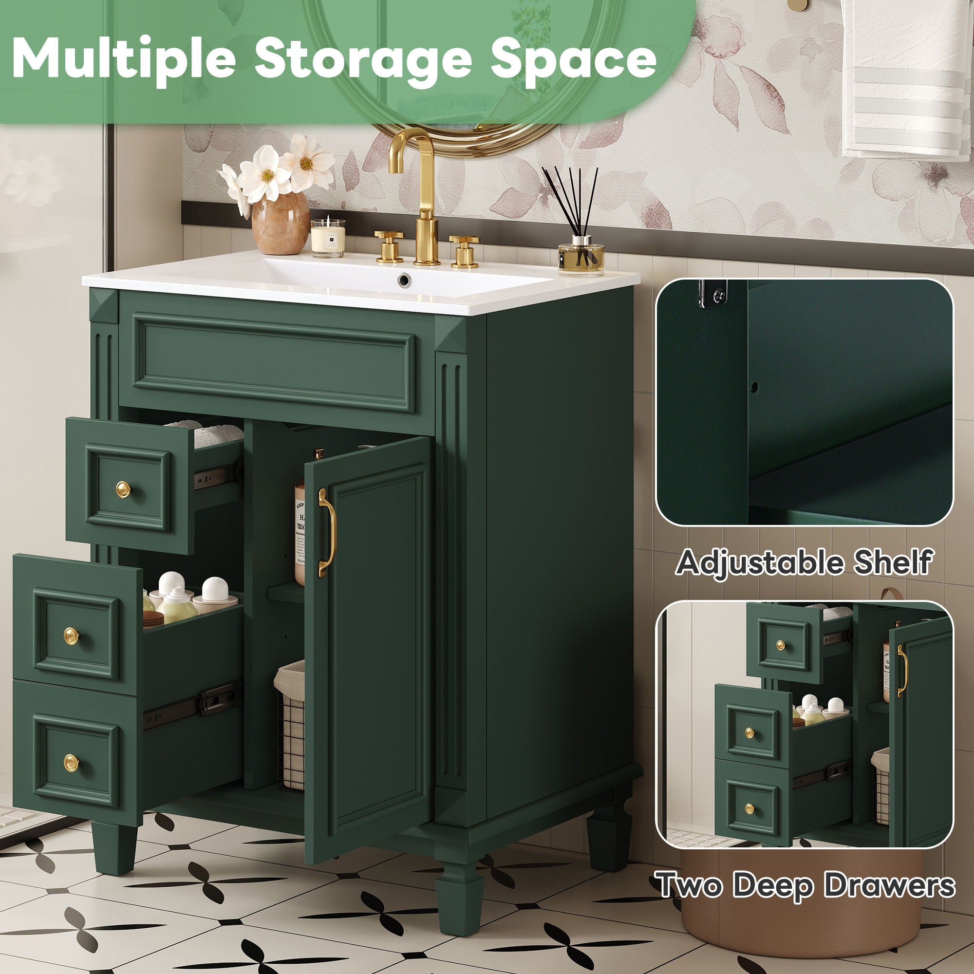 Bathroom Vanity With Sink, Compact Cabinet & 2 Drawers And Adjustable Shelf