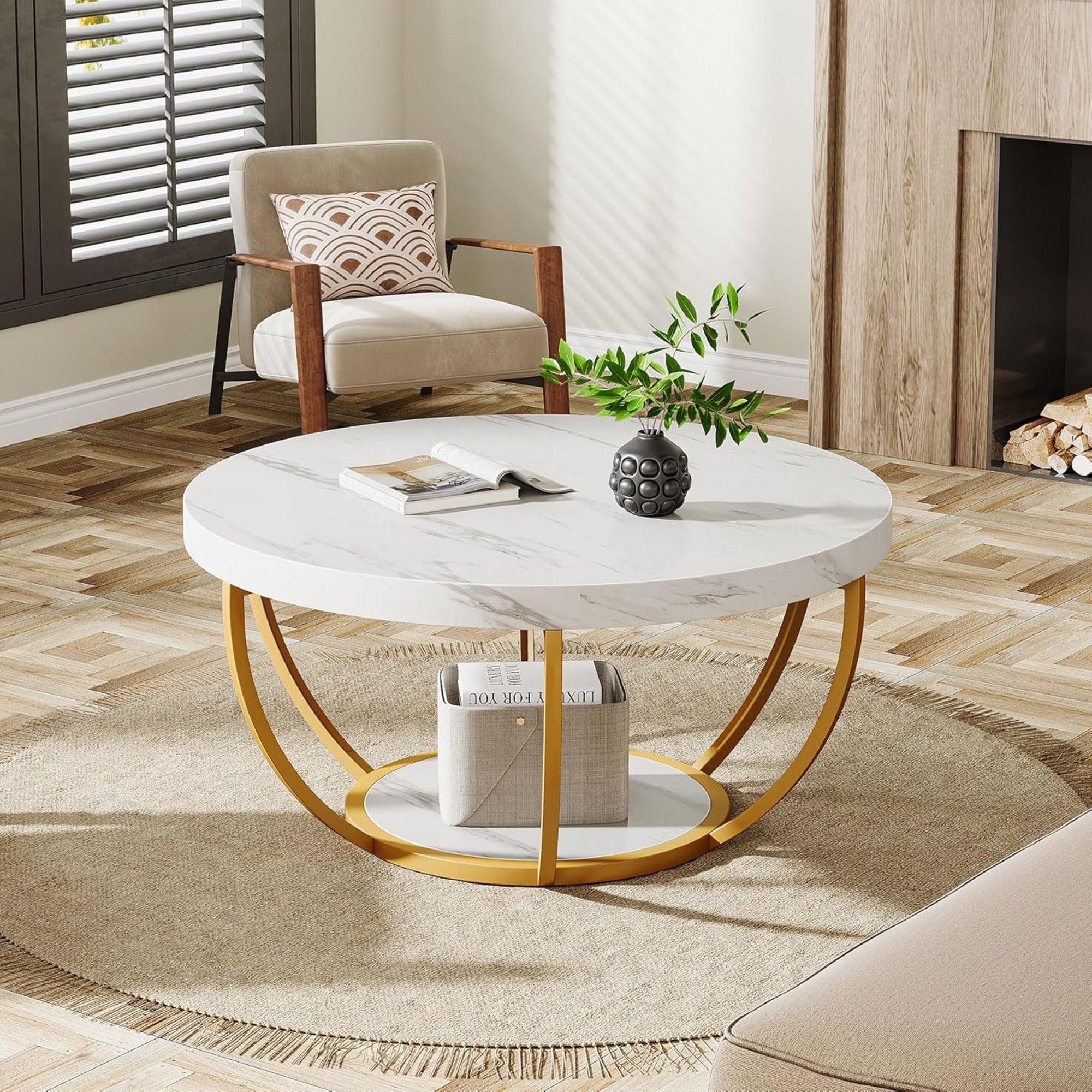 2 Tier Circle Coffee Table With Storage Shelves