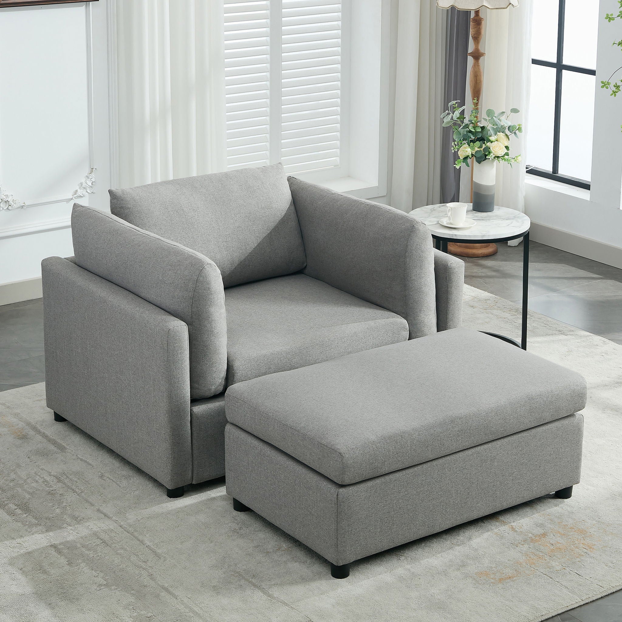 Wide Modern Oversized Armchair With Ottoman Stool, Single Sofa With Lumbar Support, Accent Chair