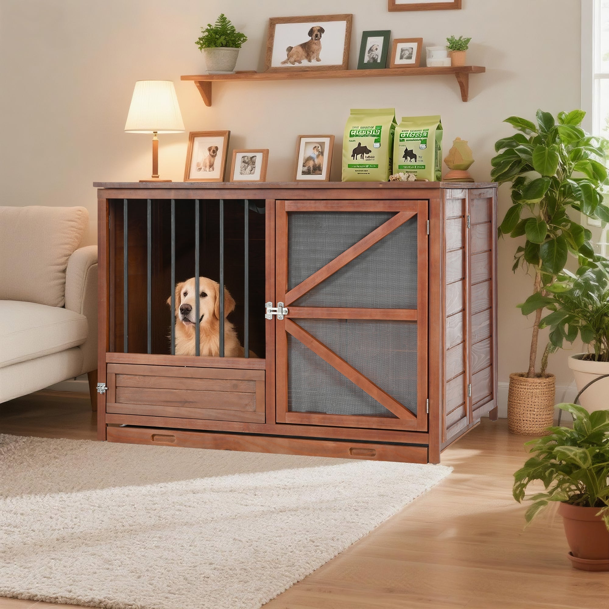 43" Solid Wood Dog Crate Furniture Foldable Indoor Kennel