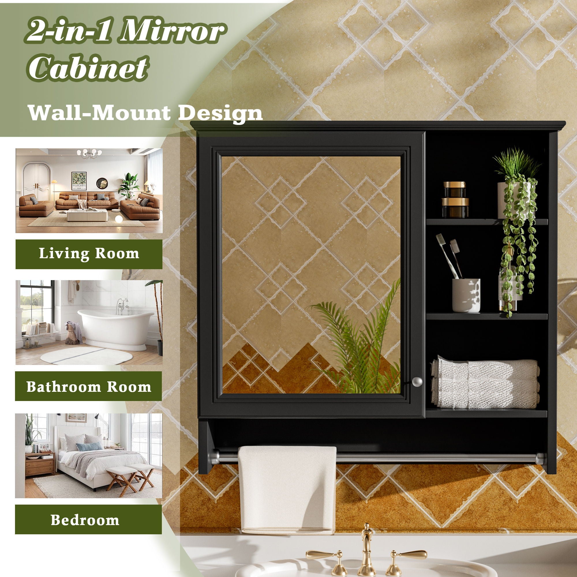 Wall Mount 2 In 1 Mirror Cabinet With Adjustable Shelf, Soft-Closing Hinges