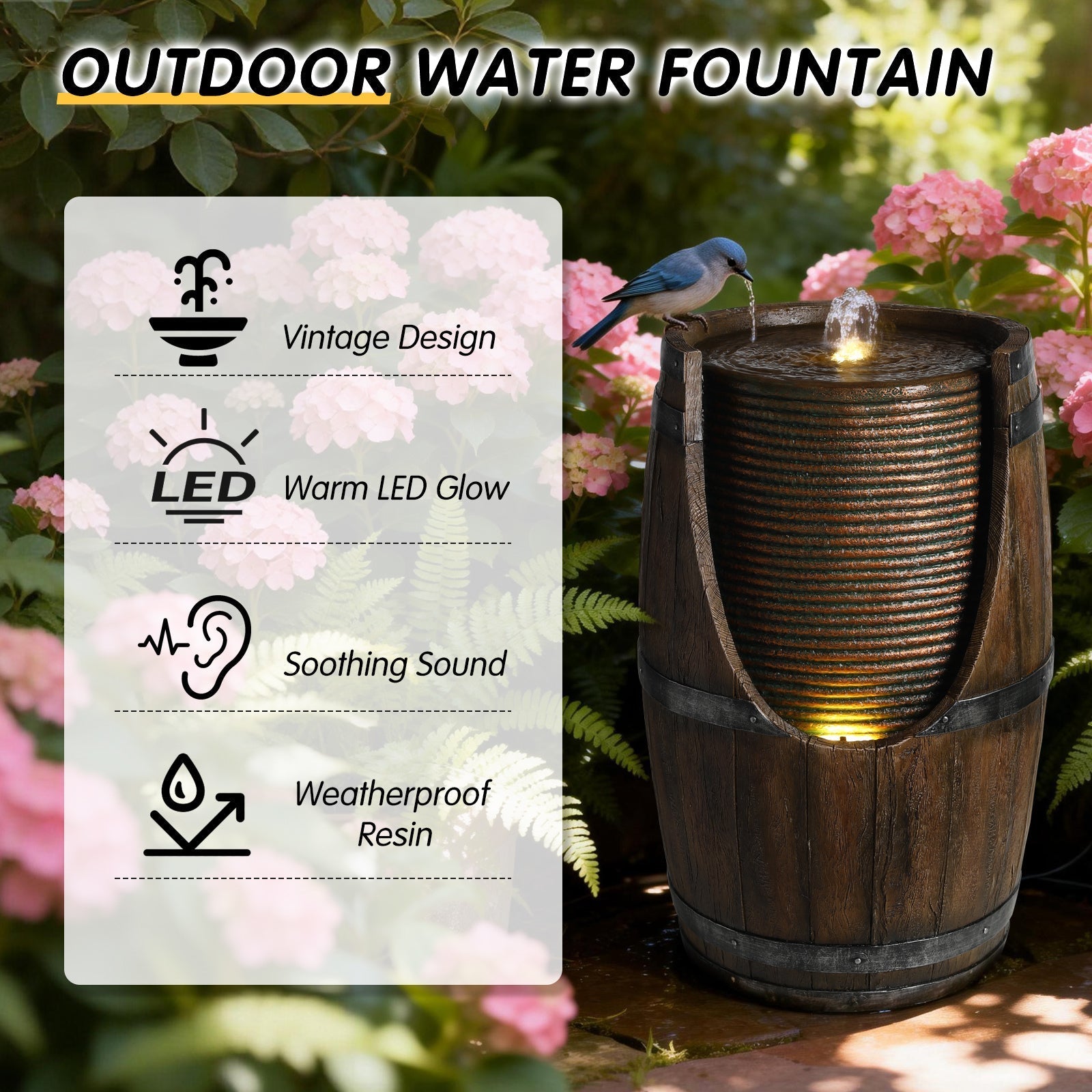 Outdoor Barrel Water Fountain with Lights Rustic Wood Look Resin