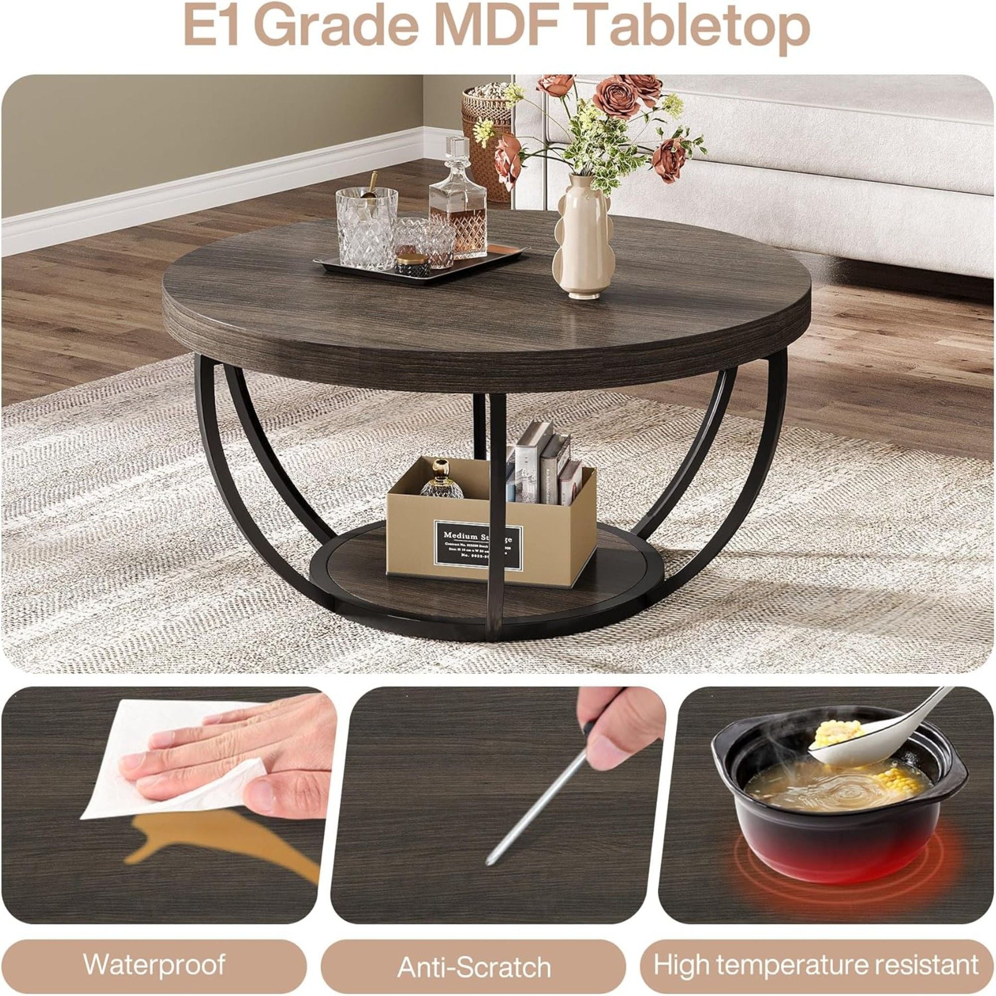2 Tier Circle Coffee Table With Storage Shelves