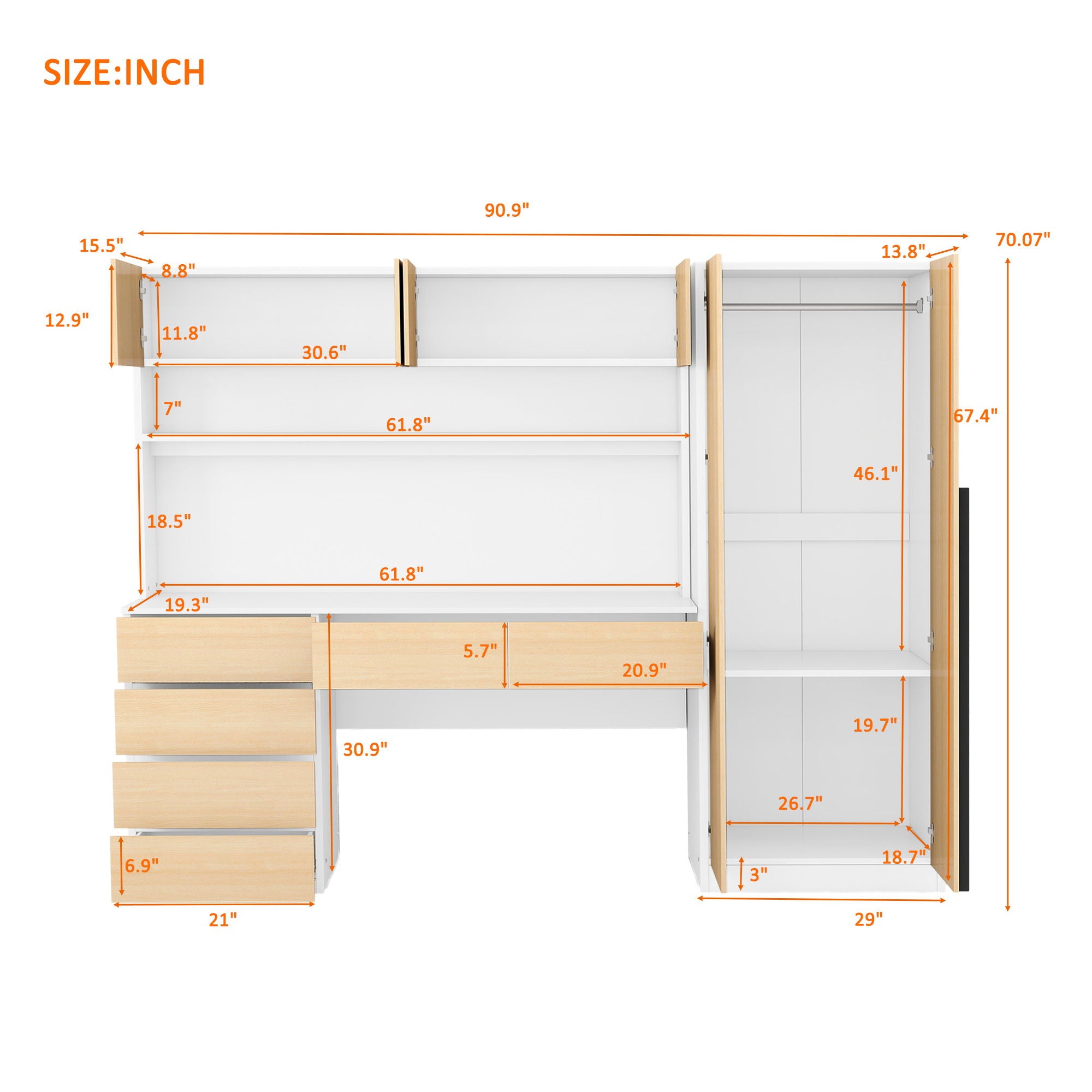 2 Door Storage Desk Wardrobe For Bedroom With Shelves And Drawers