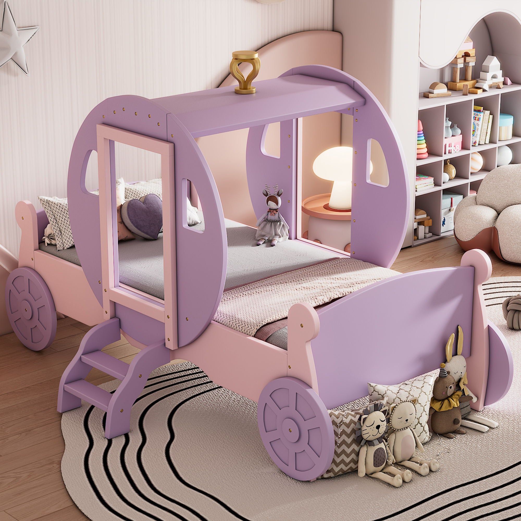 Princess Carriage Bed With Crown, Platform Car Bed With Stair