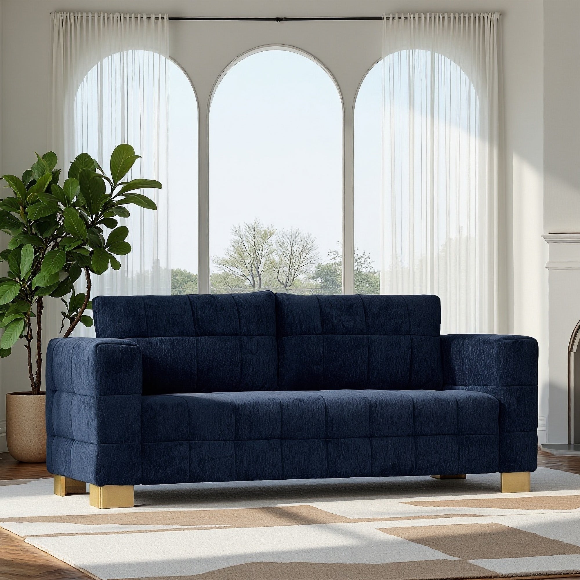 Retro Blue Chenille Upholstered 3-Seater Couch with Stainless-Steel Legs
