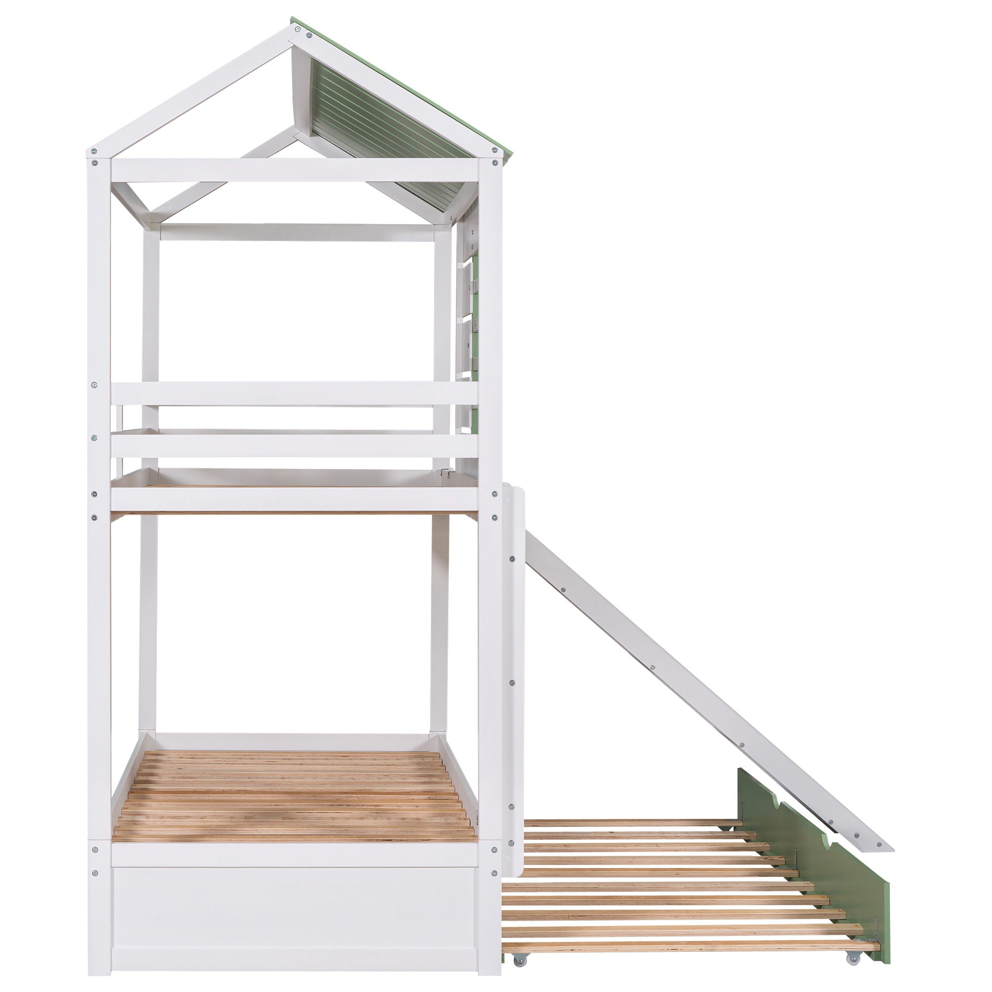 Twin Over Twin House Bunk Bed With Convertible Slide And Trundle - White