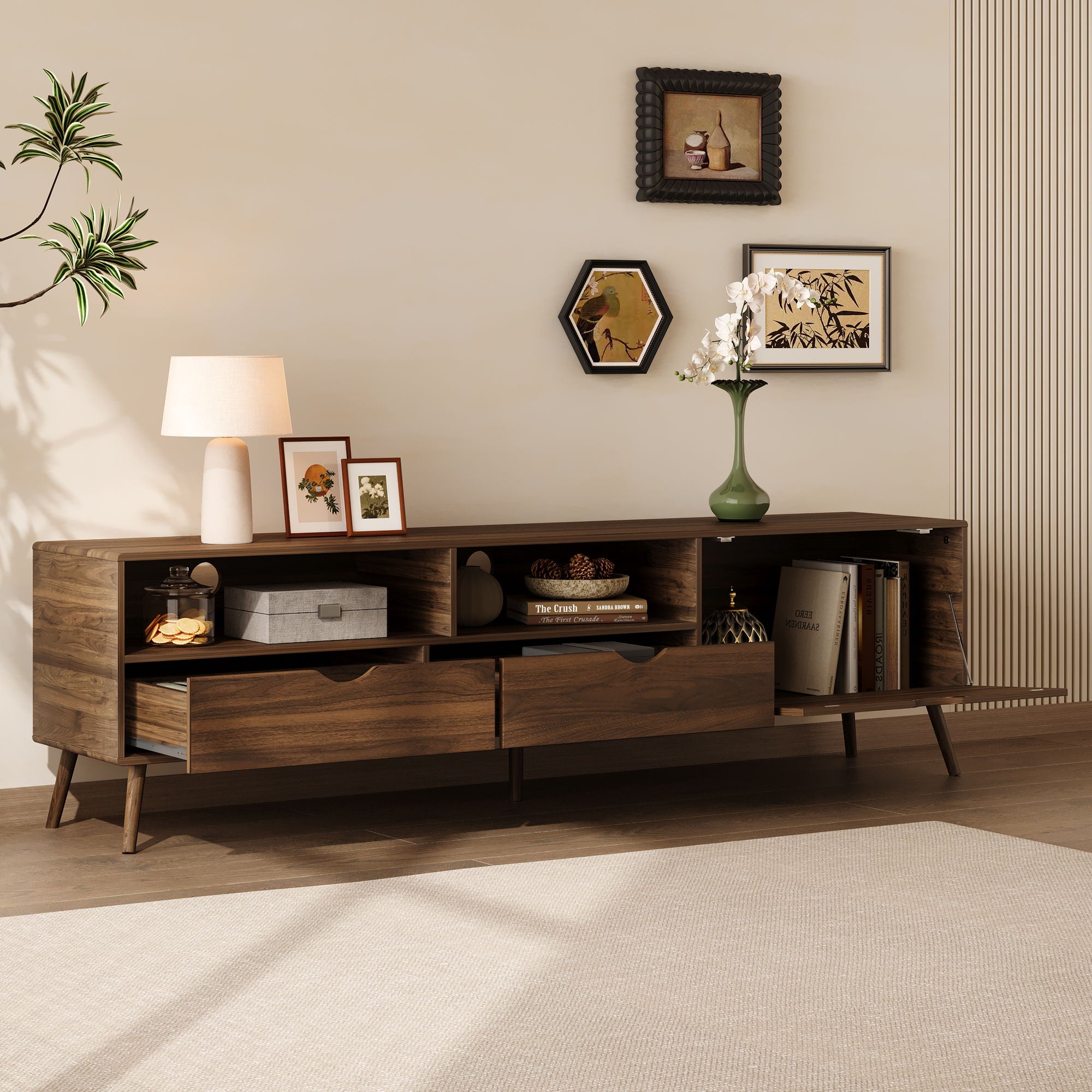 TV Stand With 2 Drawers, 1 Drop Down Door, Media Console Table - Natural