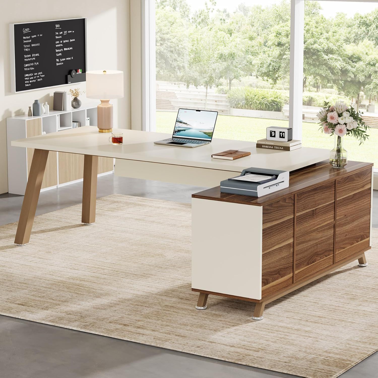 L-Shaped Executive Desk With File Cabinet, Computer Workstation With Drawers And Shelves For Home Office - White / Walnut
