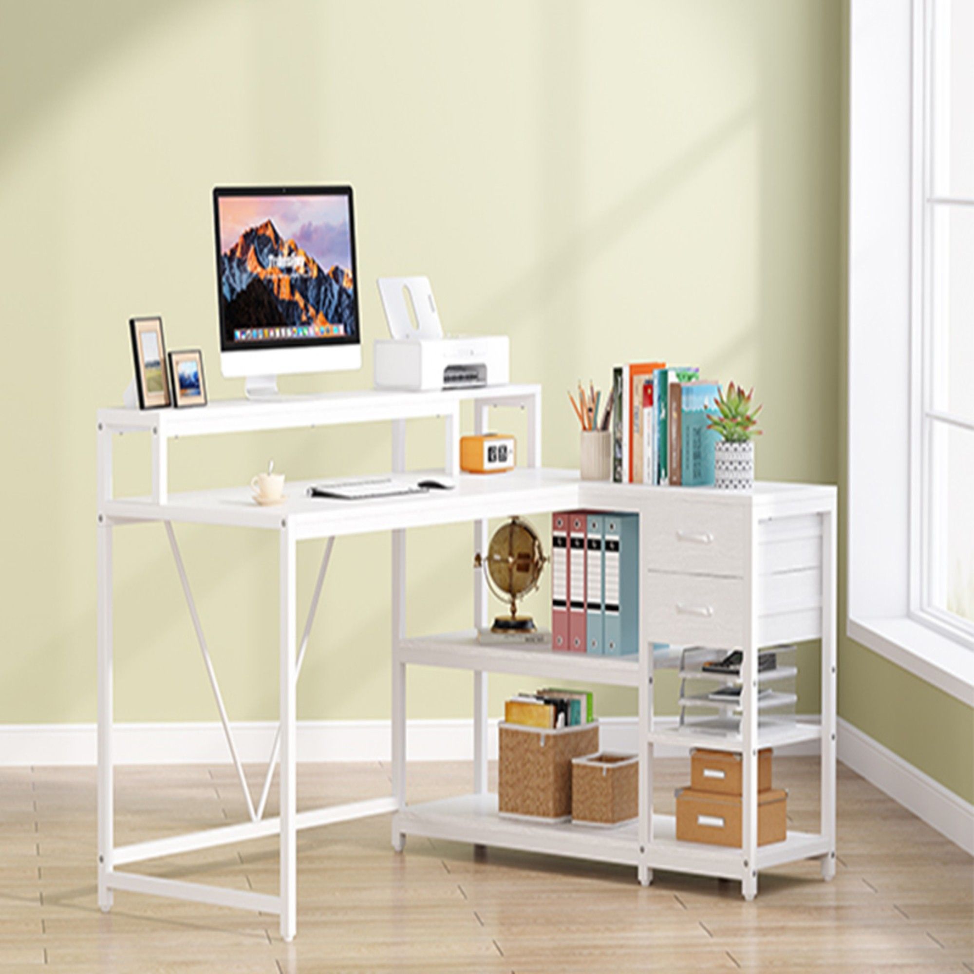 L-Shaped Home Office Desk With Monitor Riser, Drawers, And Storage Shelves