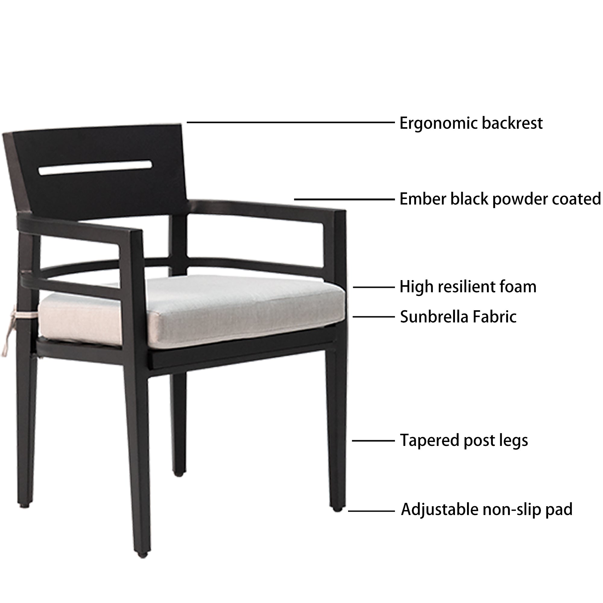 5-piece outdoor patio aluminum furniture, modern dining set, ember black