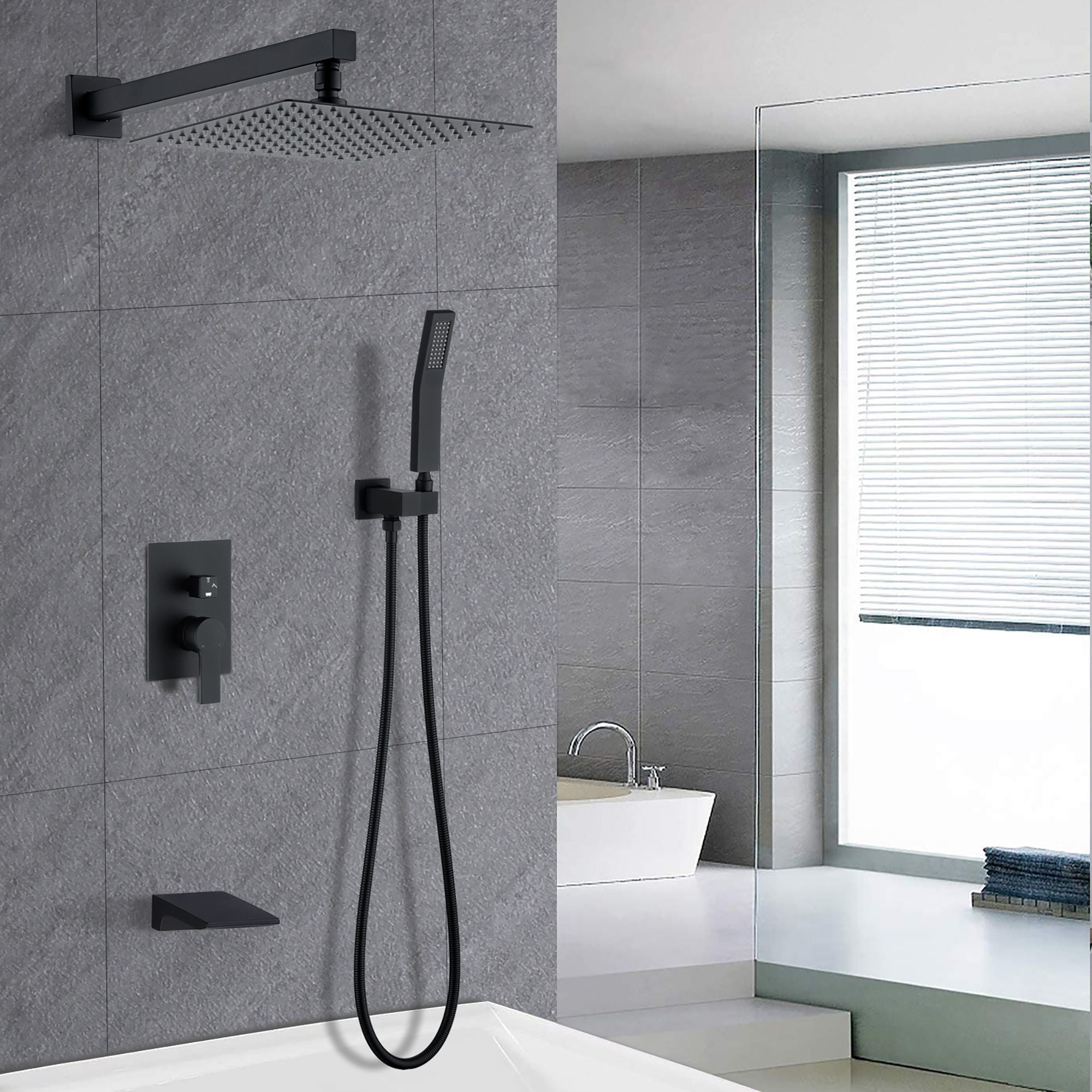 All Metal Tub Shower Faucet Set With 12" Rain Shower Head And Handheld Spray Combo, Wall Mounted - Matte Black