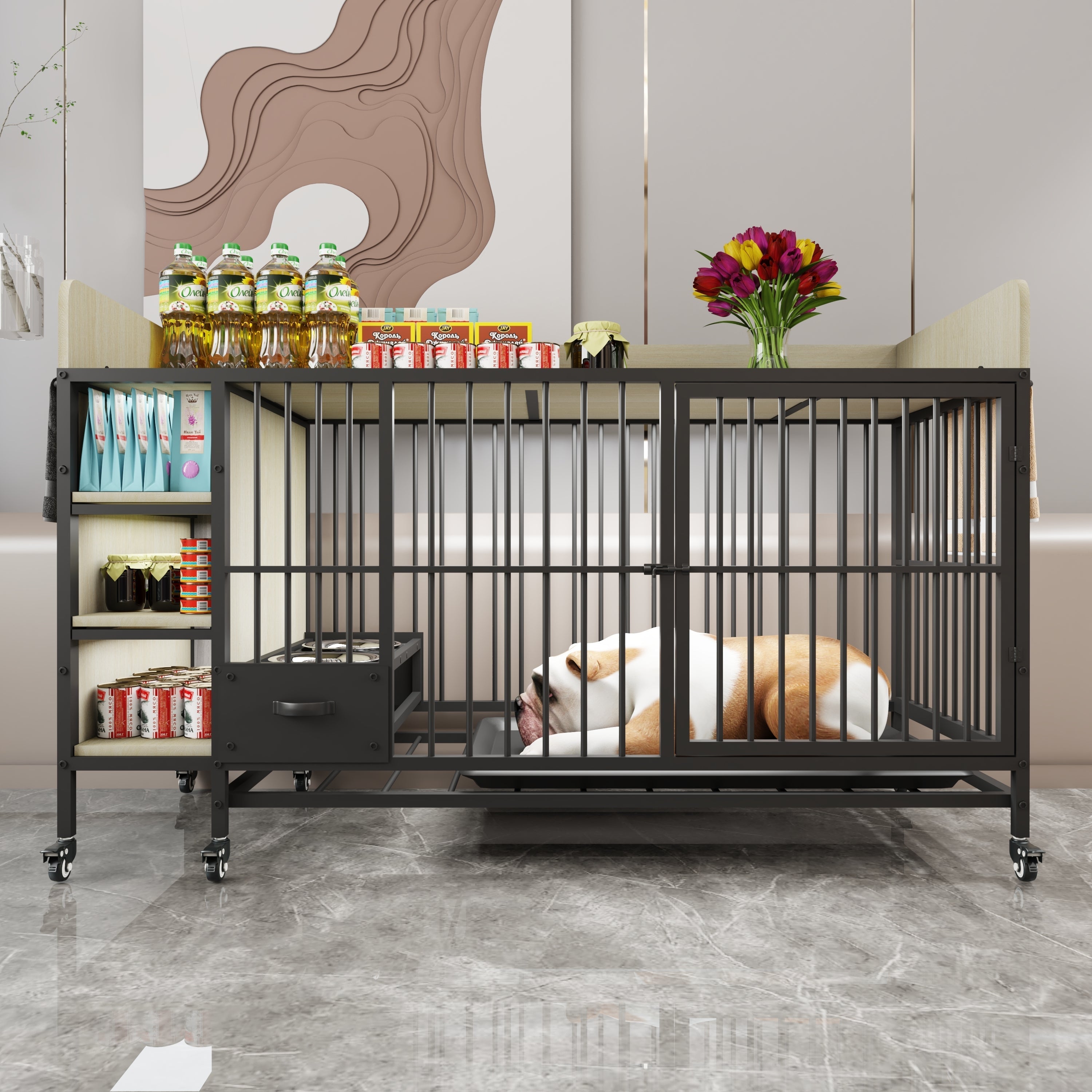 Large Pet Cage with Storage Rack Black and Beige