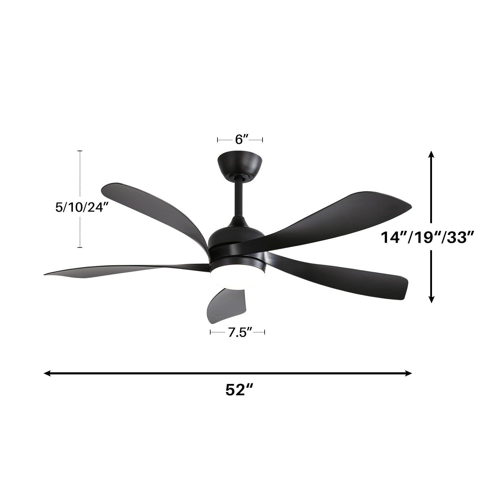 Ceiling Fan With 3 Color Dimmable 5 Blades Remote Control Reversible DC Motor And LED Light - Black