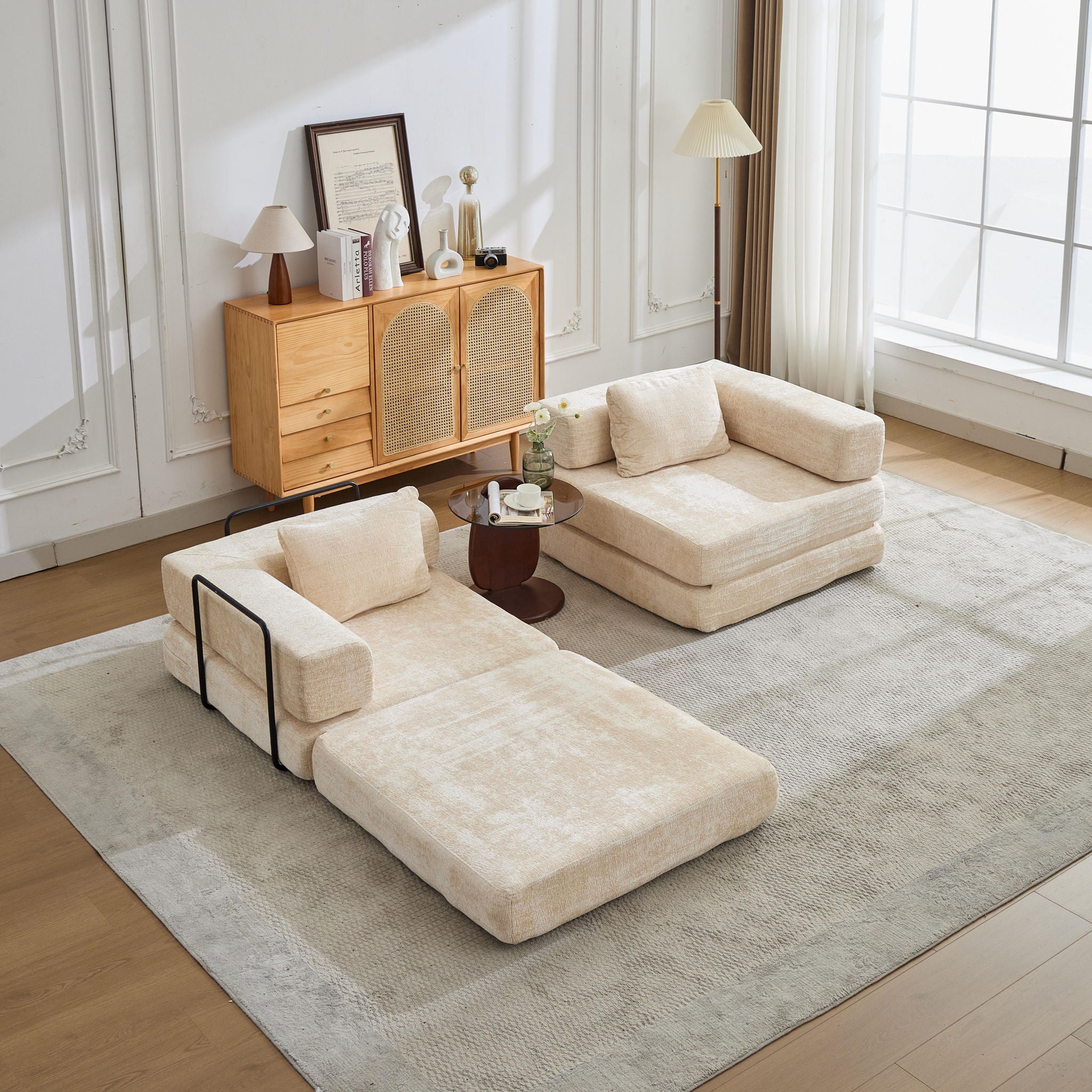 Convertible Floor Sofa Bed With Fixed Shape Frame, Loveseats Boneless Modular Sectional, For Living Room - Beige