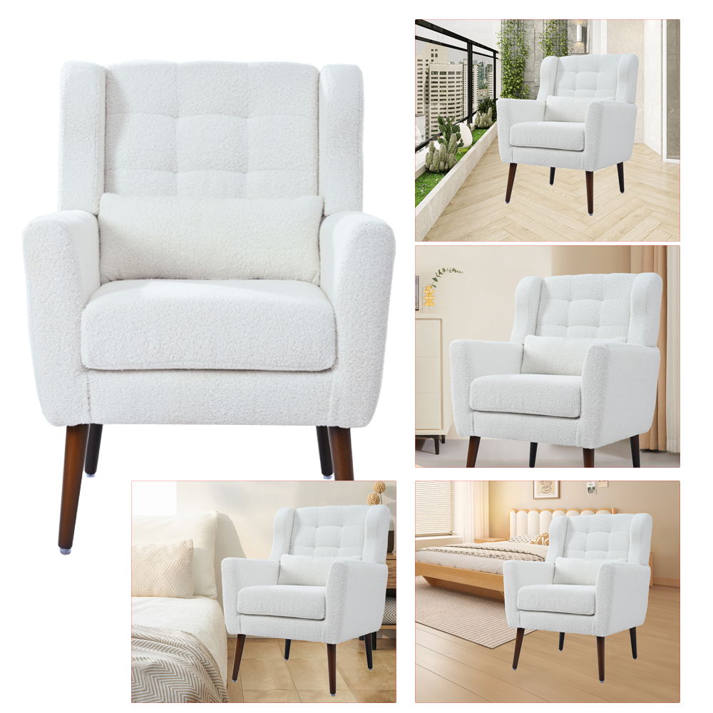 Modern Accent Chair, Chenille Arm Chairs For Living Room, Upholstered Mordern Armchair, Comfy Soft Padded Lounge Chair In Small Space, Bedroom, With Pillow, Solid Wood Leg